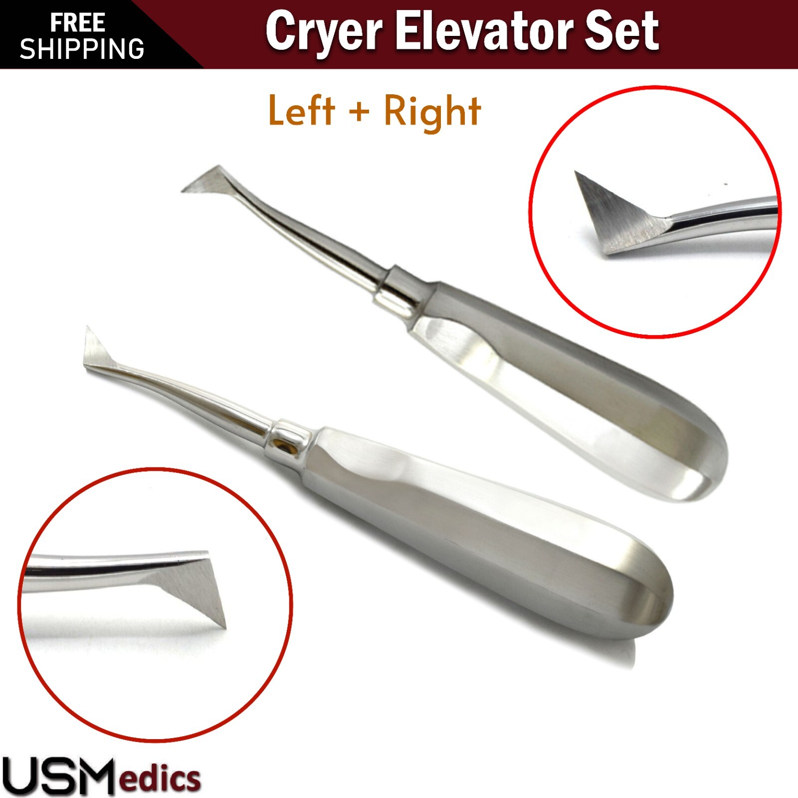 Surgical Dental Elevator Cryer Left Right Oral Surgery Tooth Extracting Set of 2