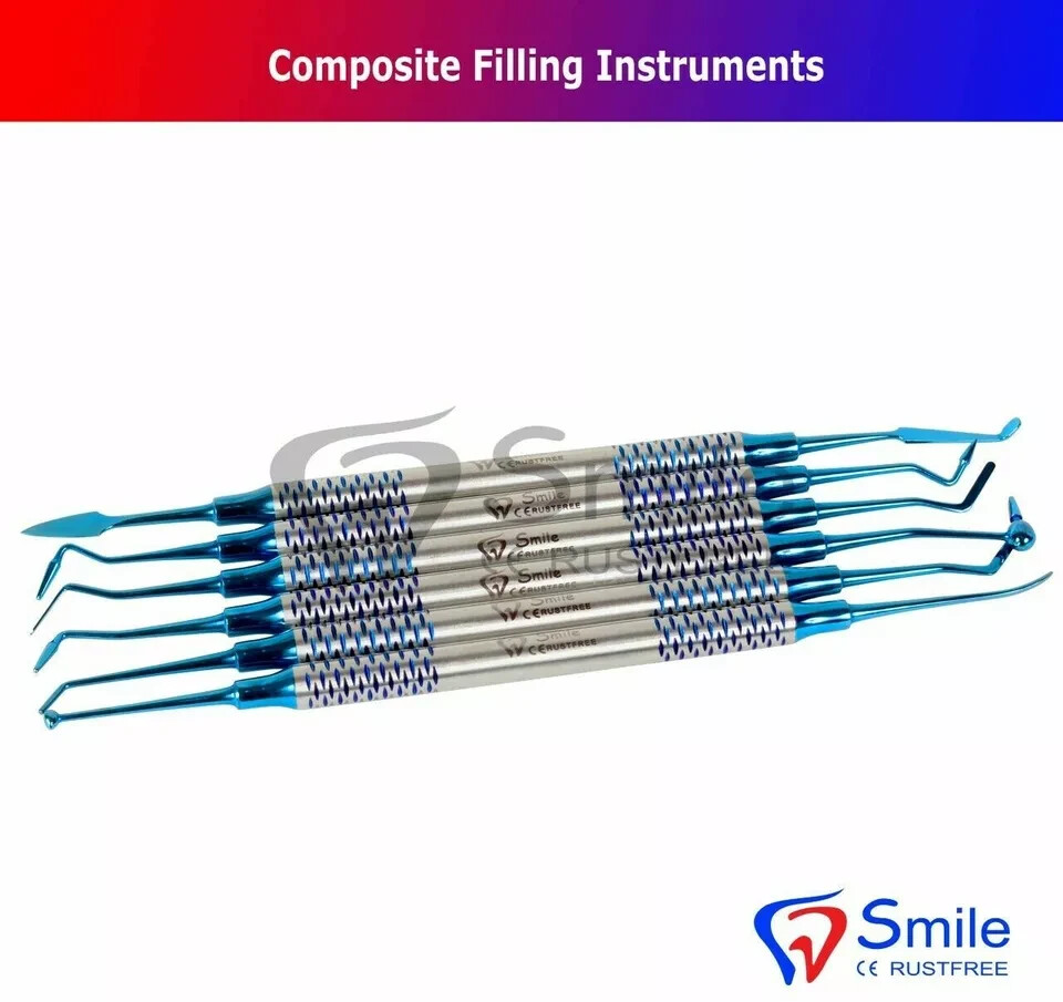 6 Pcs Dental Composite Filling Instrument Blue Titanium Coated Restorative Set