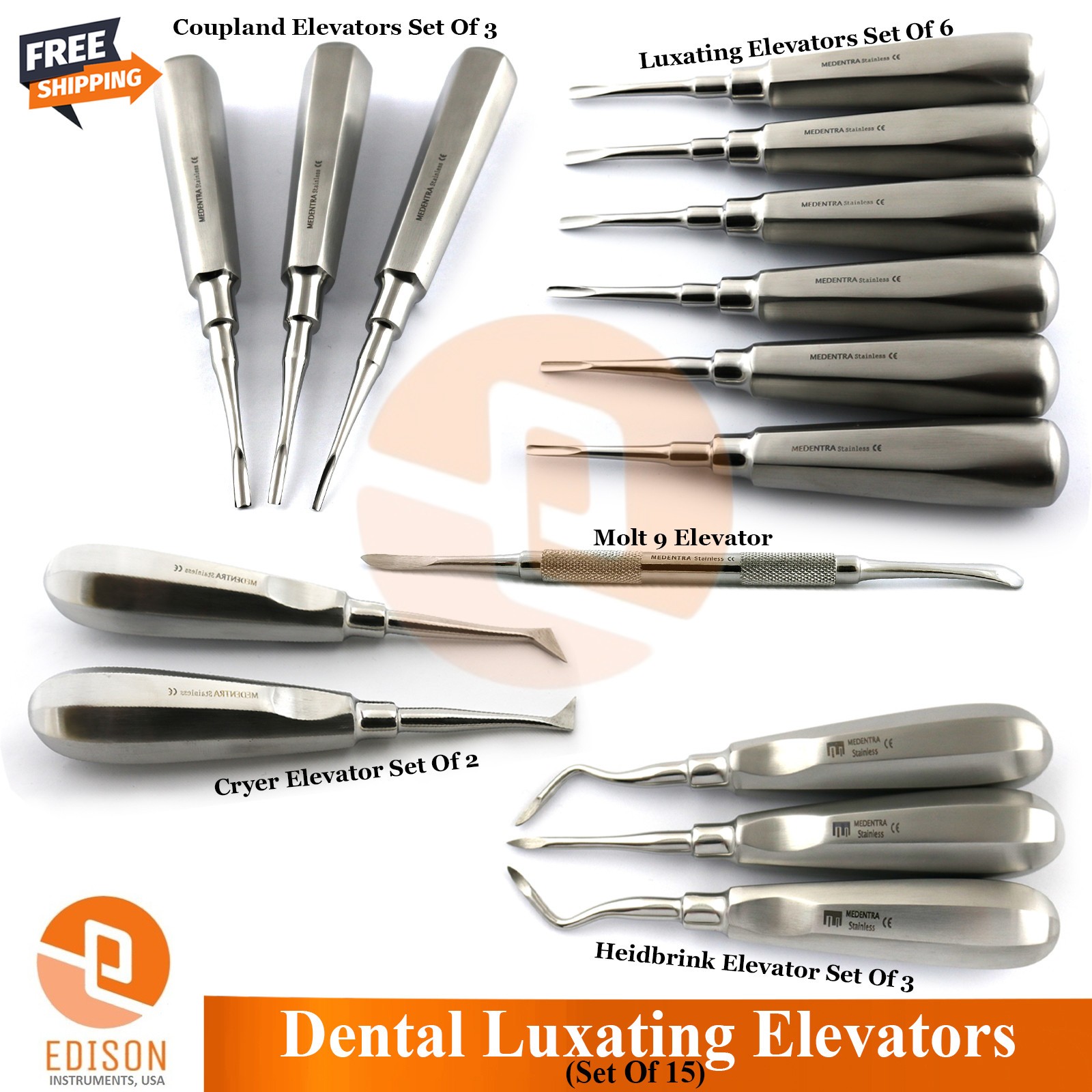 15 Pcs Dental Luxating Elevators Surgical Extraction Kit Implant Root Elevators