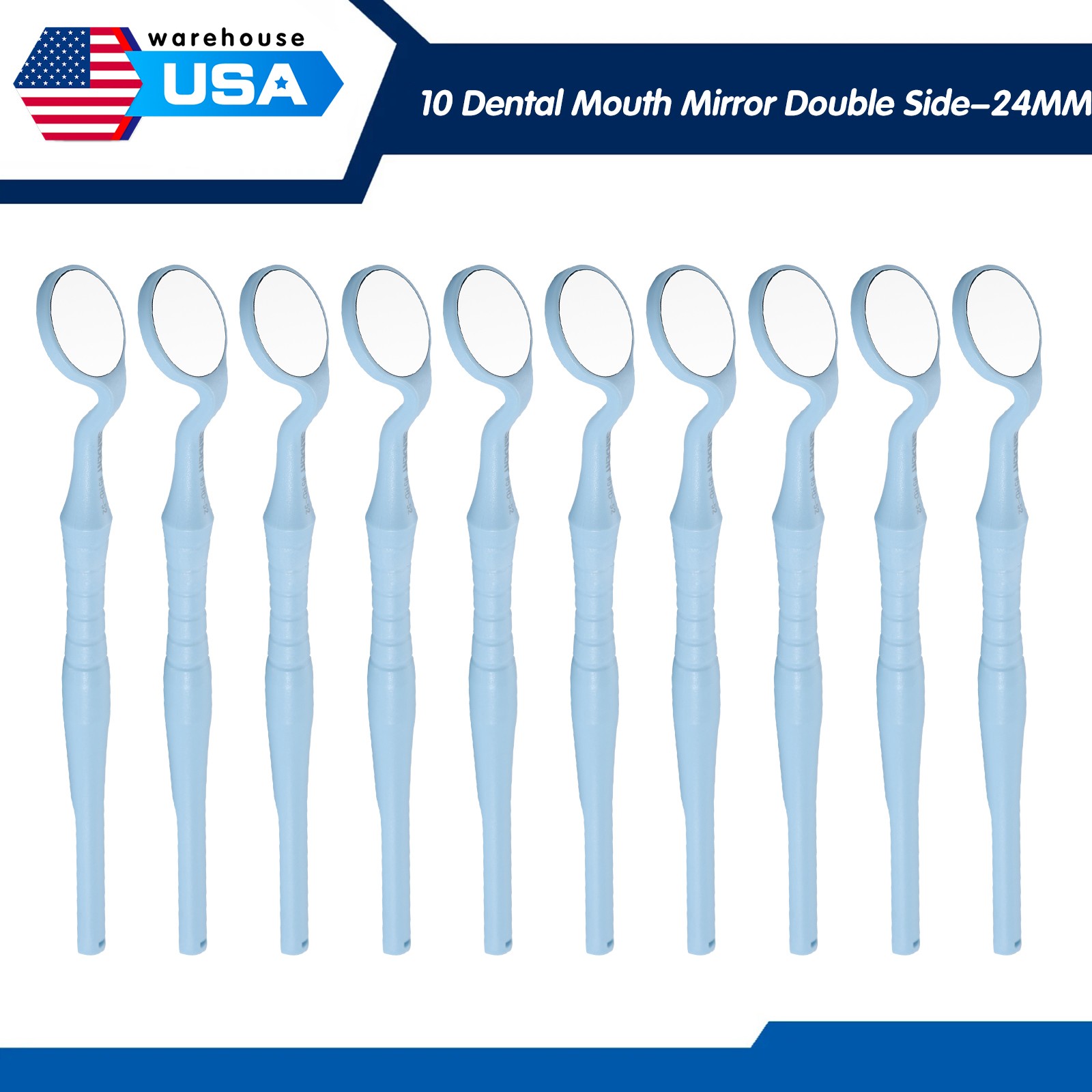10pcs Dental Mouth Mirror 24mm Blue Handle Double Sided For Oral Examination dk