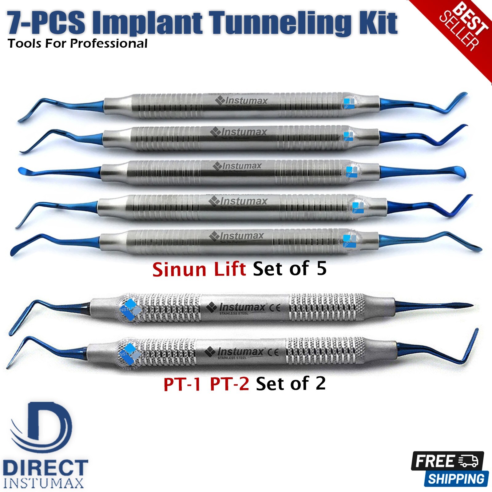 Set Of 7 Dental Implant Tunneling Kit Sinus Lift Elevator Periotome PT-1 & PT-2