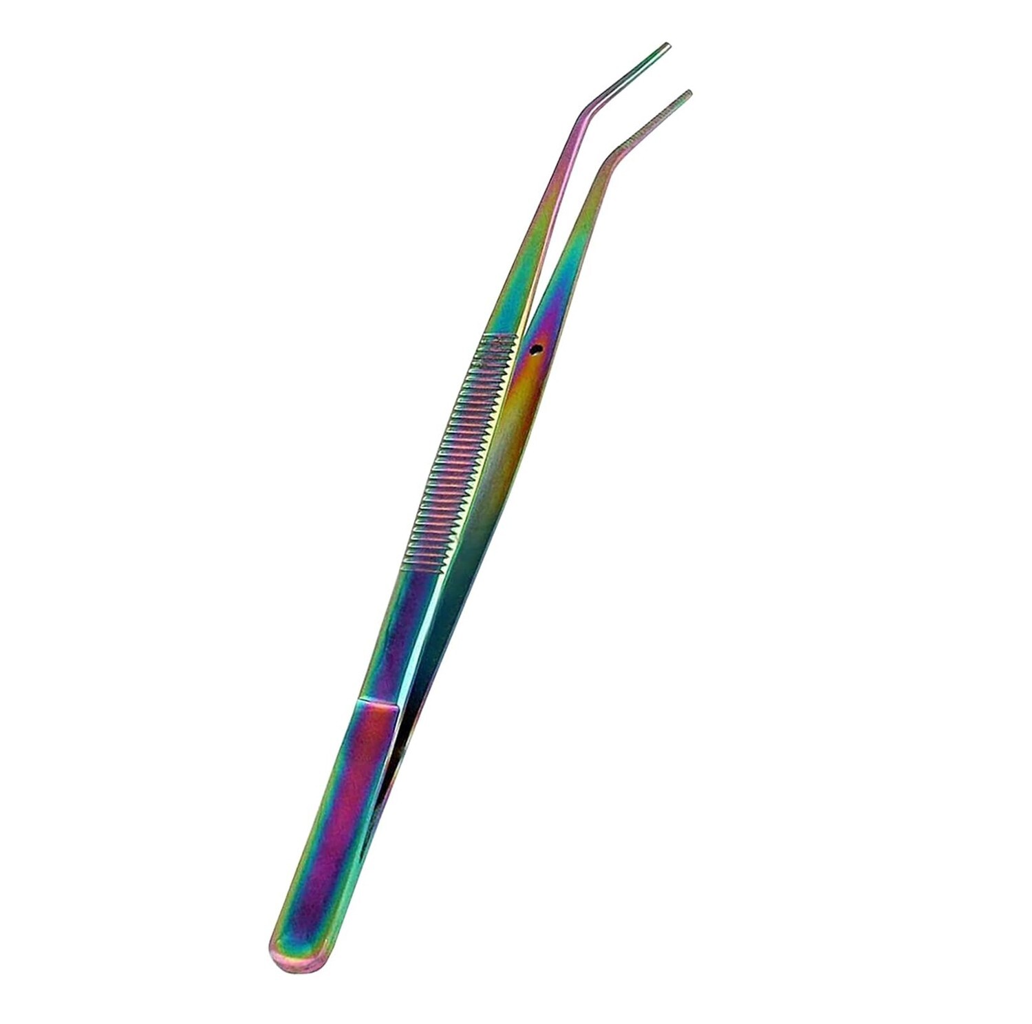 Titanium Rainbow Color Stainless Steel Tweezers, with Curved Serrated Tip
