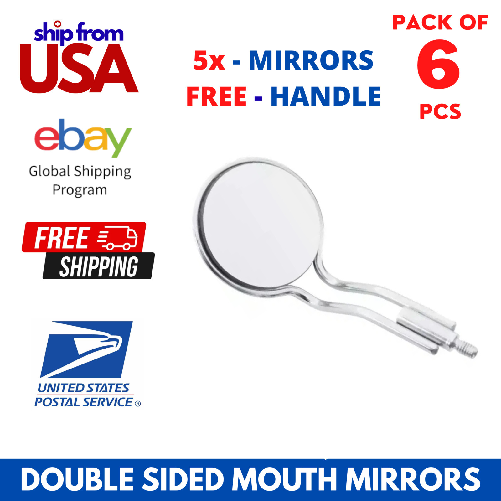 5pc Double Sided Mouth Mirrors #5 + FREE Endo Ruler Handle Dental Exam Kit USPS