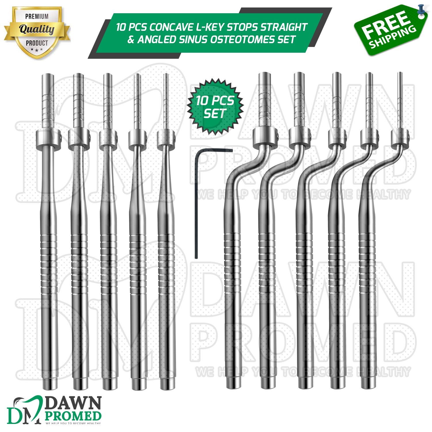 10 Pcs Concave L-Key Stops Straight & Angled Sinus Osteotomes Set German Grade
