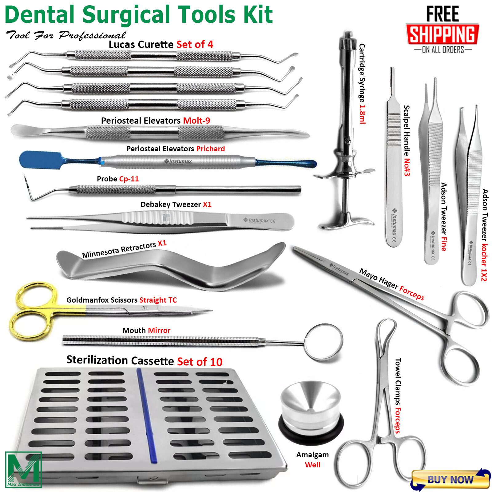 Dental Surgical Instruments Kit Implant Oral Surgery Sterilization Tray 19 Pcs
