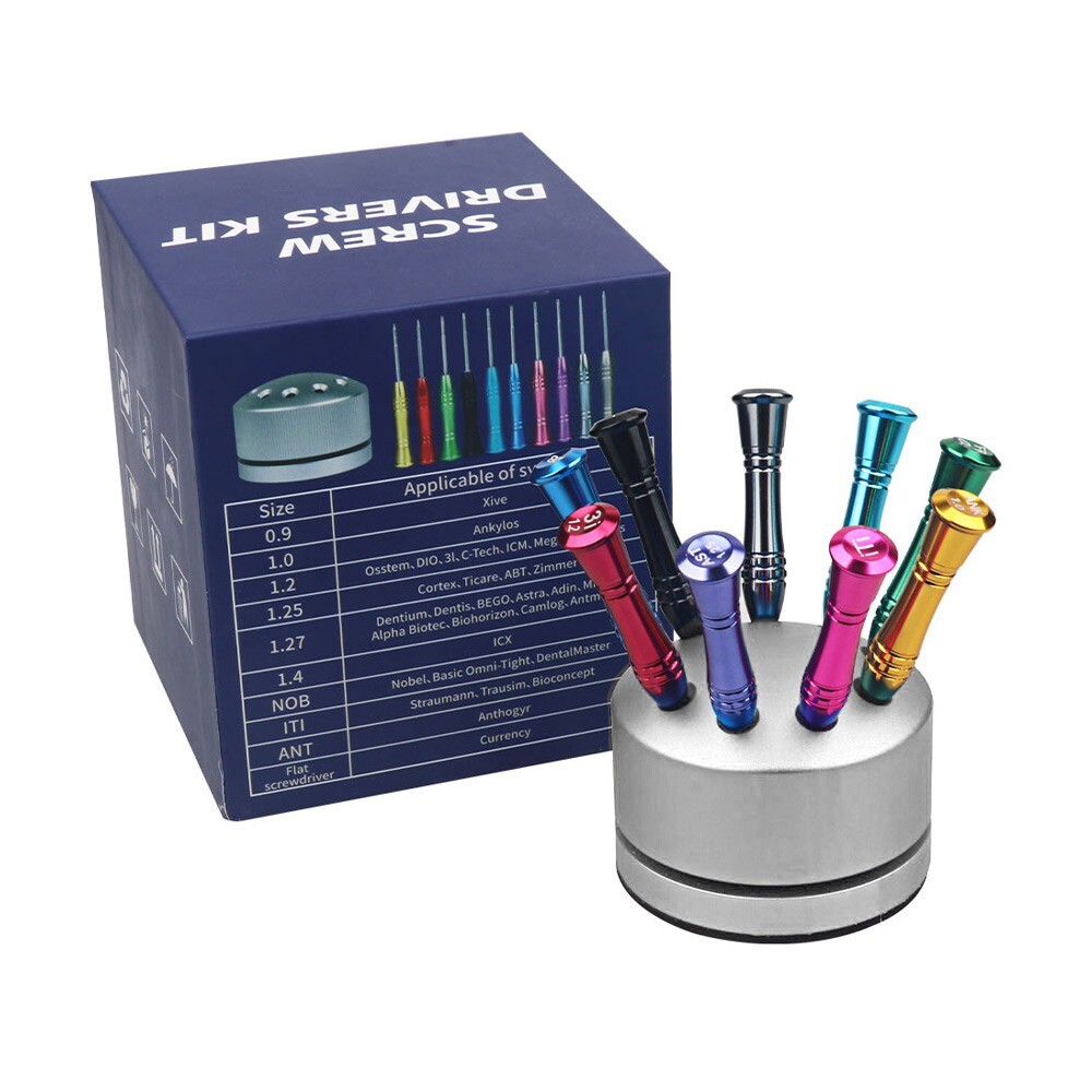 9Pcs/Set Dental Lab Stainless Steel Implant Screw Driver with Gray Holder