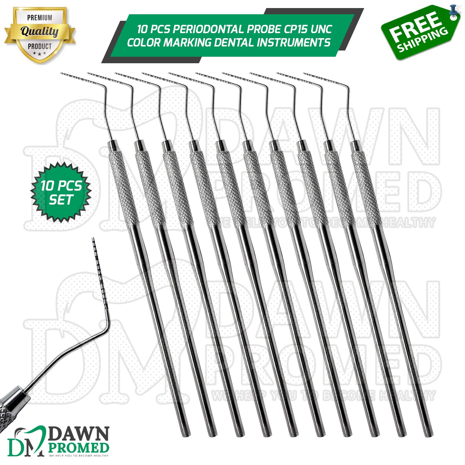 10 Pcs Periodontal Probe CP15 UNC Single Ended Color Coded Marking Dental Set