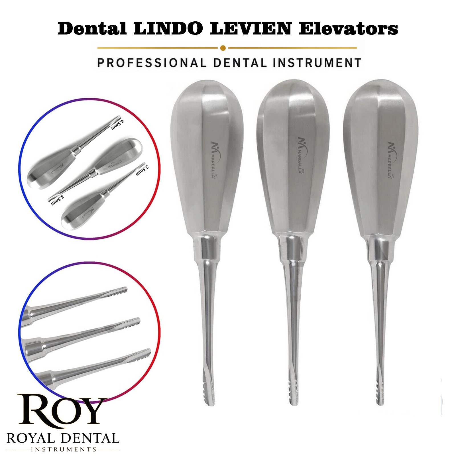 Set of 3 LINDO LEVIEN Small Medium Large Serrated Dental Extracting Elevators