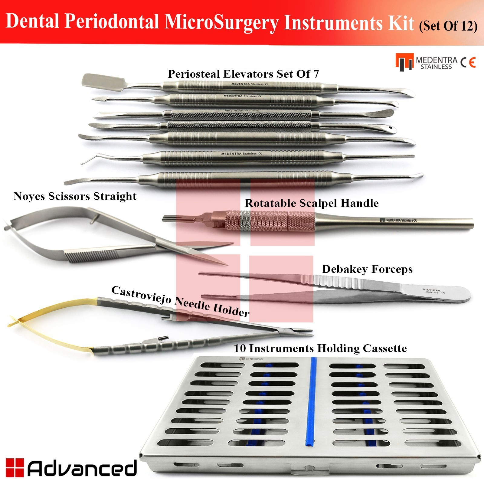Dental Periodontal Microsurgery Kit Periosteal Elevator Oral Surgery Tools 12Pcs
