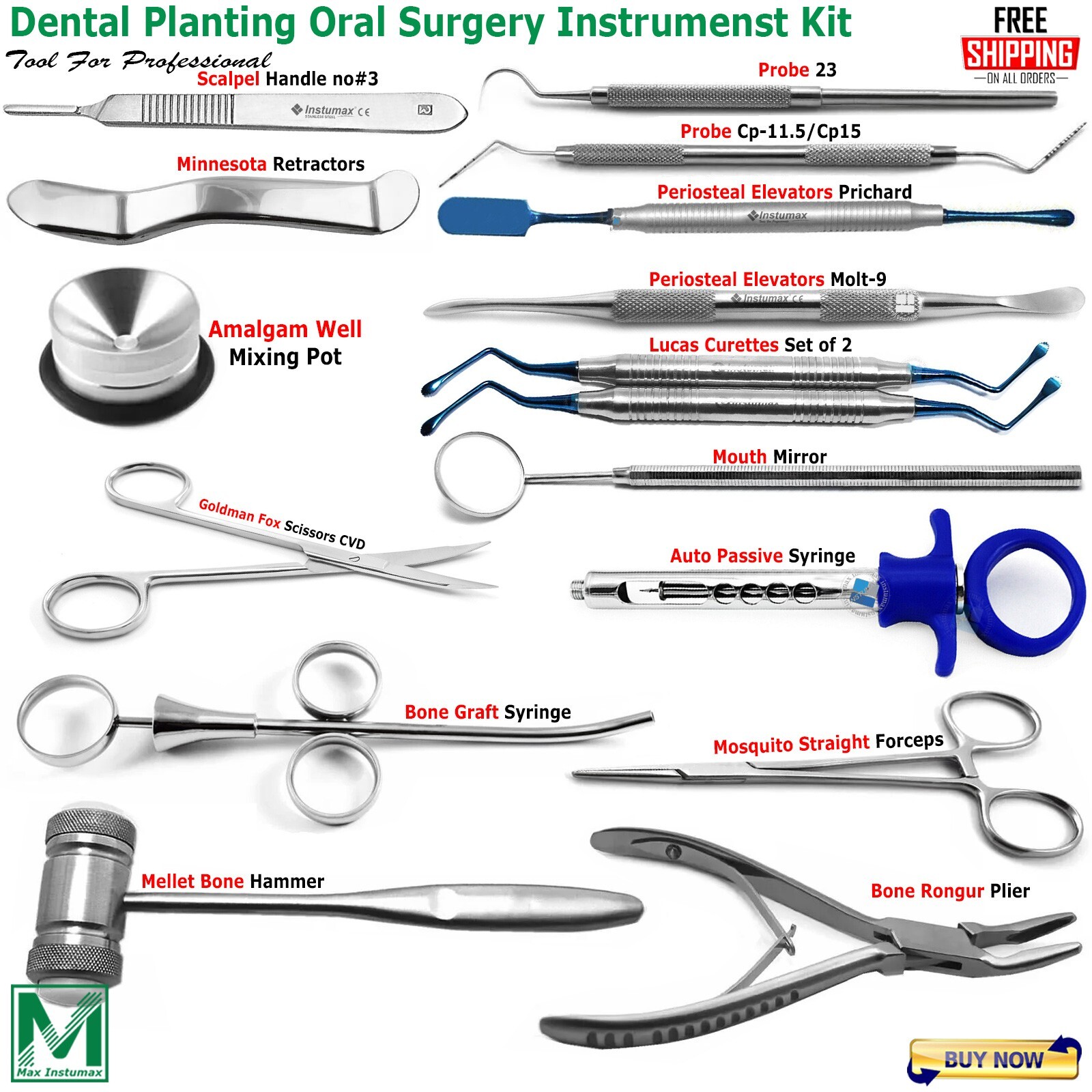 Dental Basic Implant Periodontal Surgical Bone Grafting Instruments Kit 16Pcs
