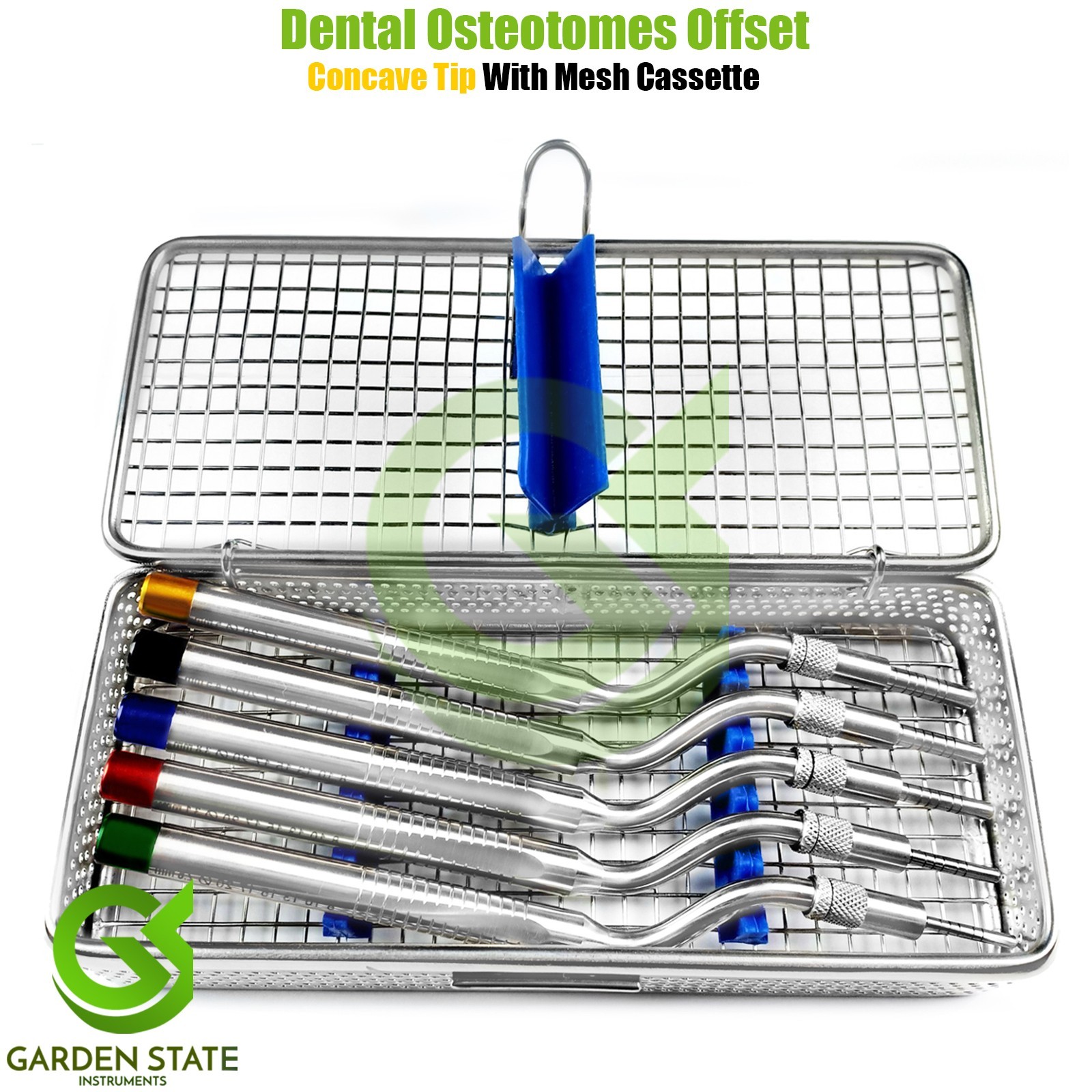 Dental Offset Osteotomes 5-Pieces Concave Instruments Set with Mesh Cassette