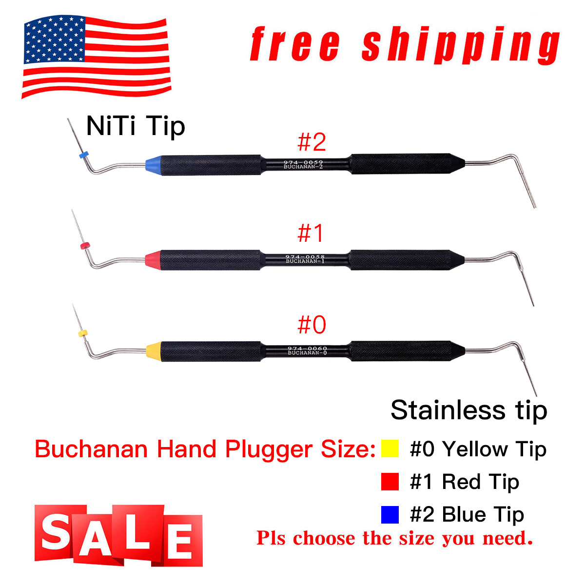 Dental Endo Buchanan Hand Plugger Tips Fill Obturation Instrument Size-0,1,2