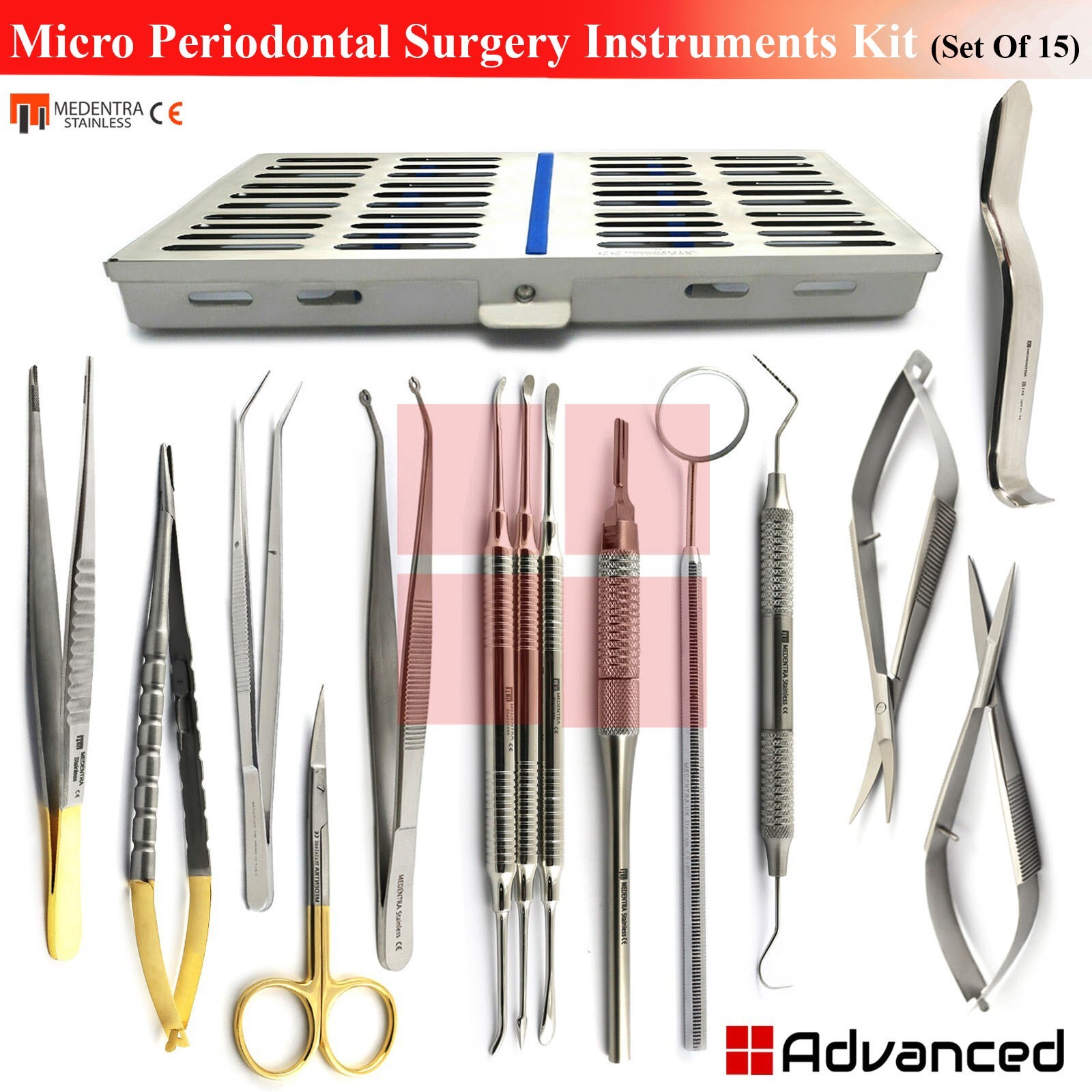 15 Pcs Micro Periodontal Surgery Kit Dental Instrument Set With Cassette Tray