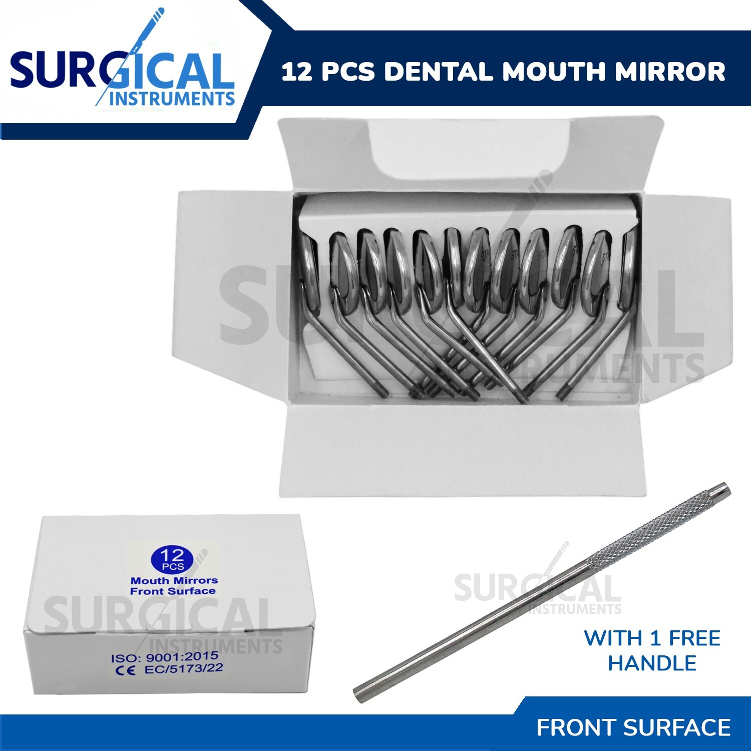 Dental Mouth Mirror Front Surface Cone Socket #5 12 Pcs Box with 1 FREE Handle