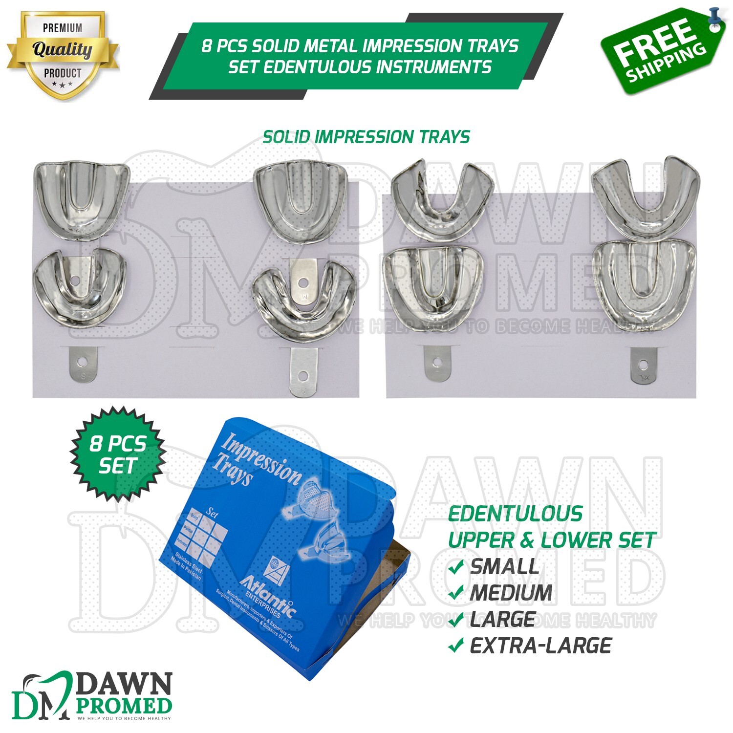 8 Pcs Solid S, M, L, XL Metal Impression Trays Set Edentulous Dental Instruments