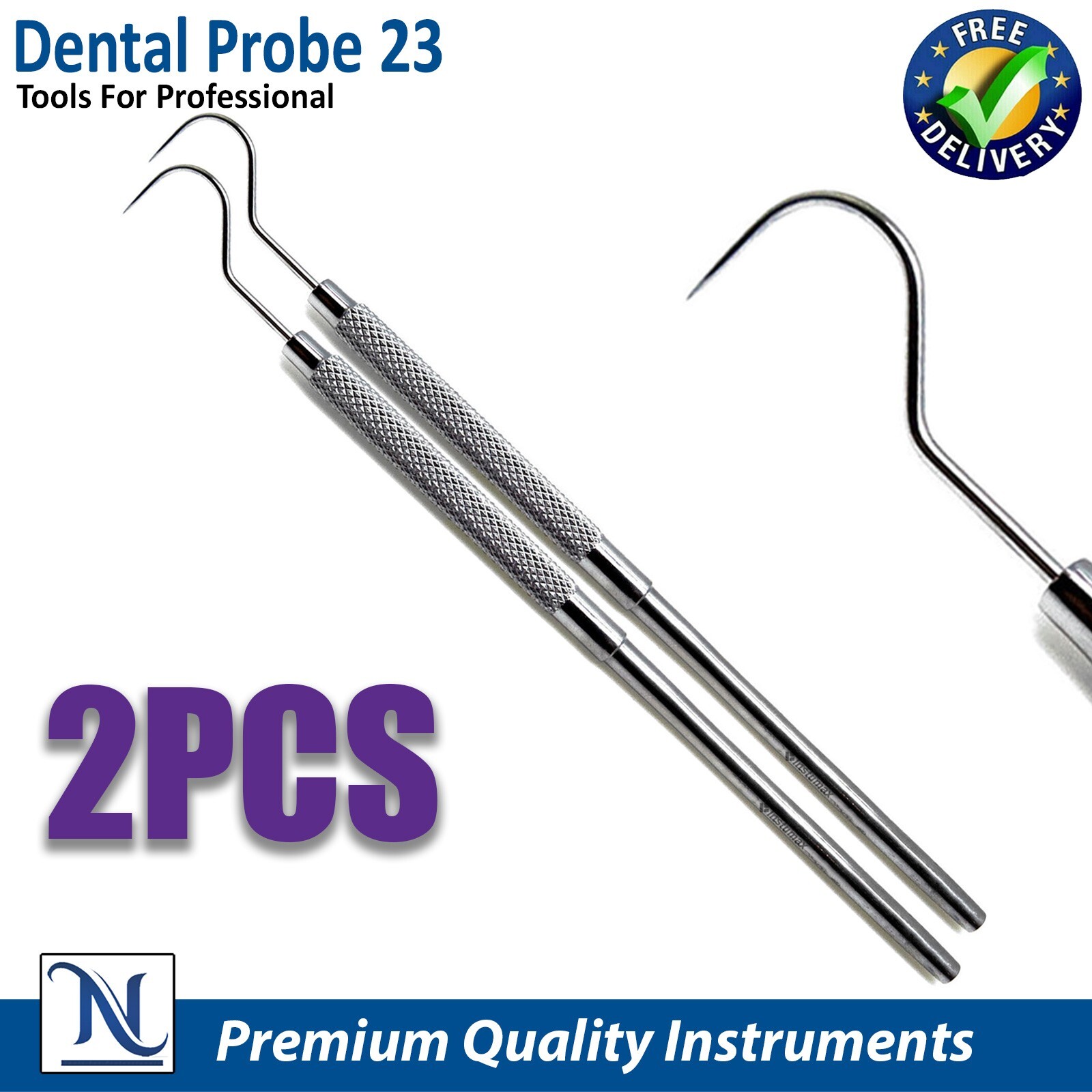 2 Pcs Single Ended Dental Explorer #23 Shepherds Hook Probe Dental Instrument