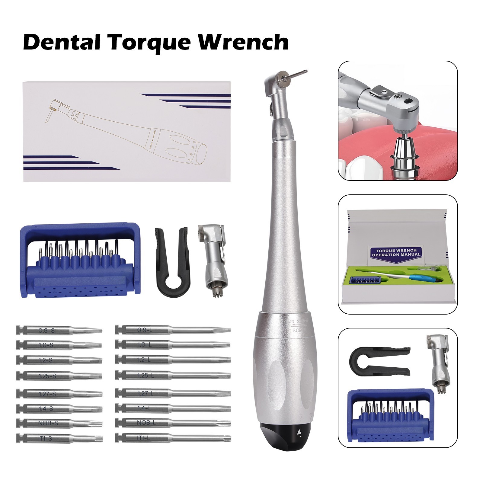 Universal Dental Implant Kit Torque Wrench Contra Angle & 16pcs Drivers Silver