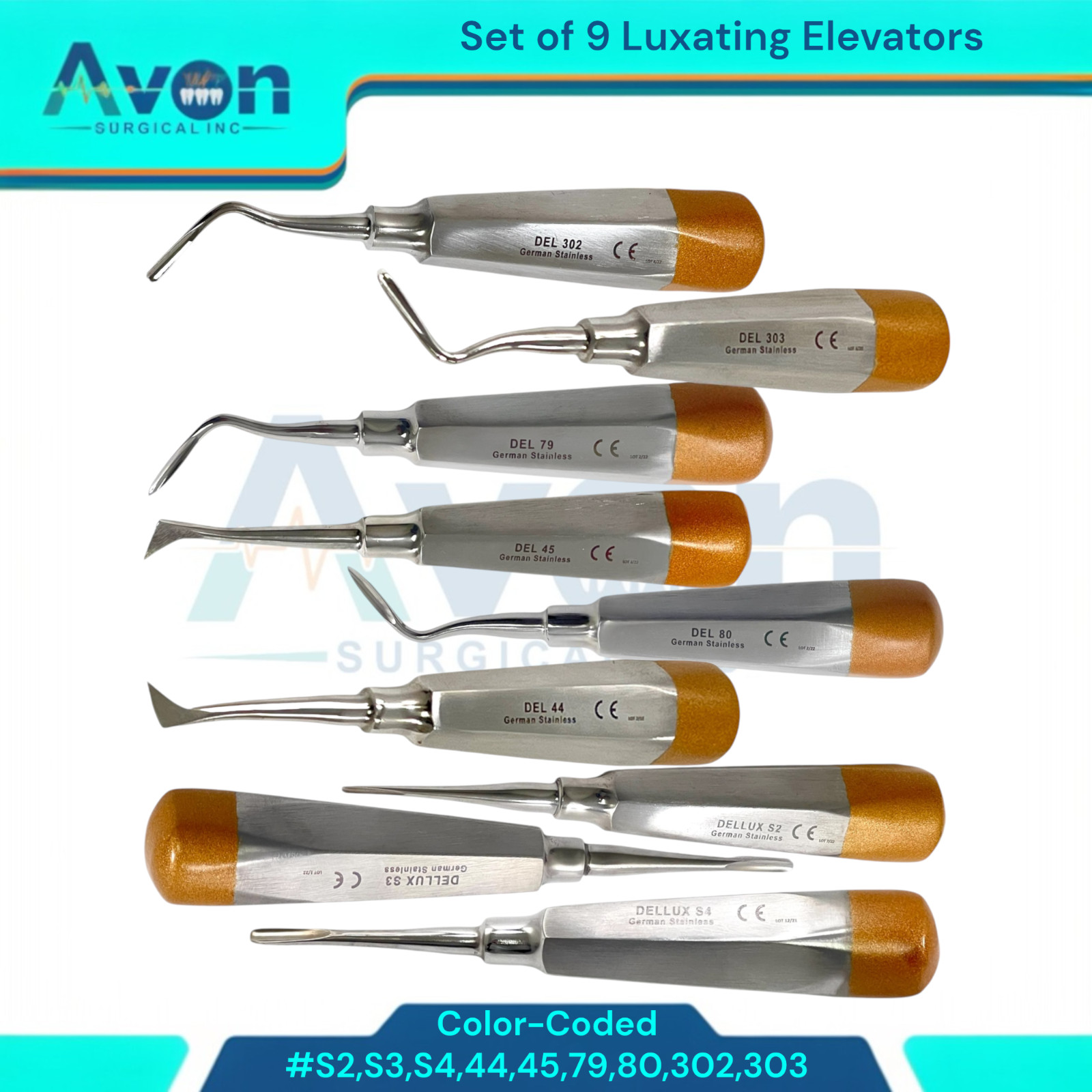 9pcs Dental Root Tooth Extraction Luxating Elevator Pick, Straight, Right, Left