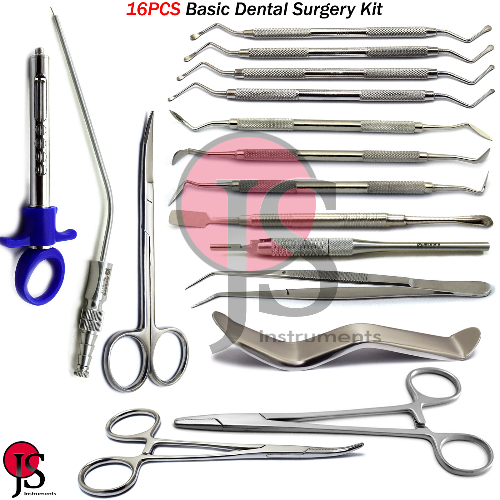 16PCS Dental Surgery Kit Surgical Bone Curette Periodontal Knife Cheek Retractor