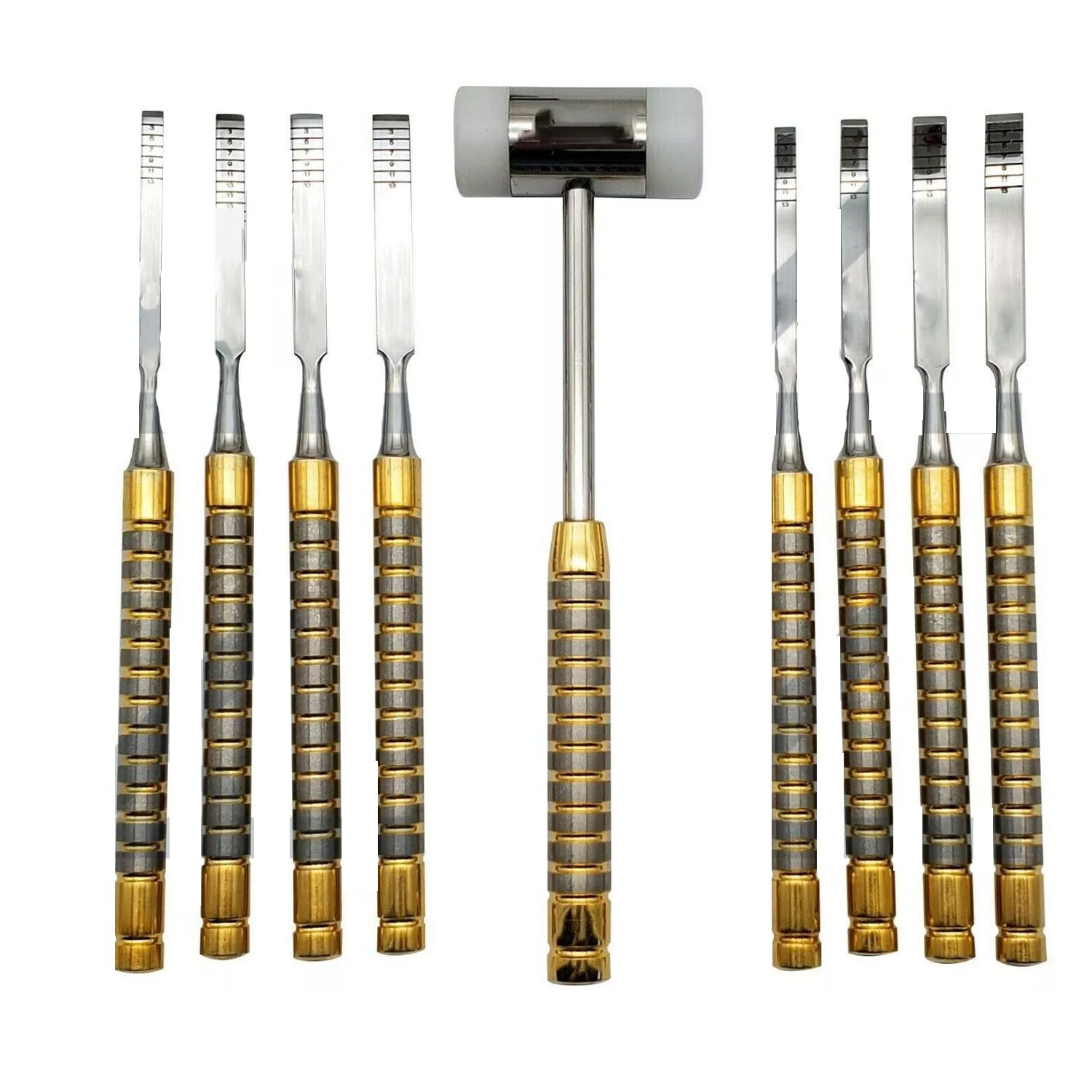 Dental Chisel Set Of 9Pcs And Mallet For Bone Splitting Gold With Cassette