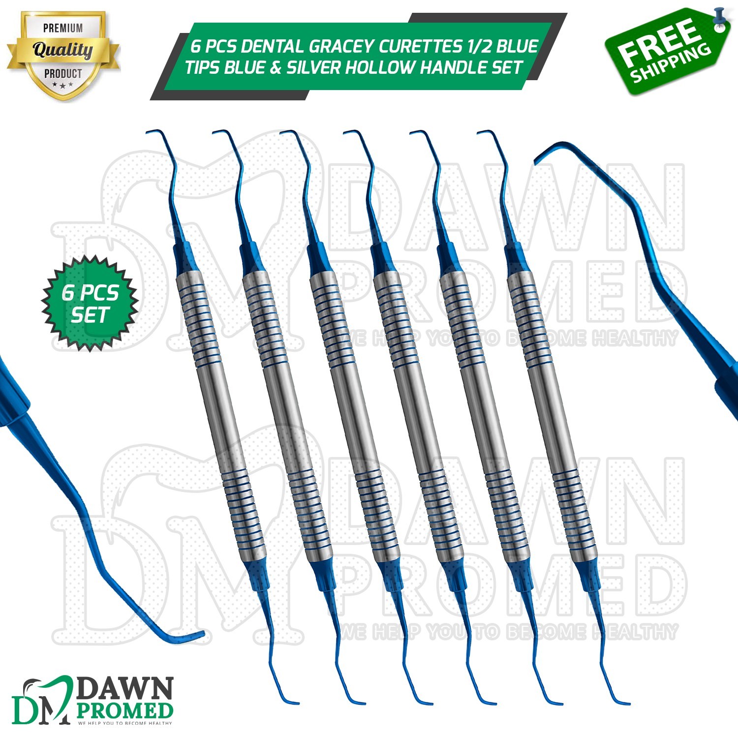 6 Pcs Dental Gracey Curettes 1/2 Blue Coated Tip Blue & Silver Hollow Handle Set