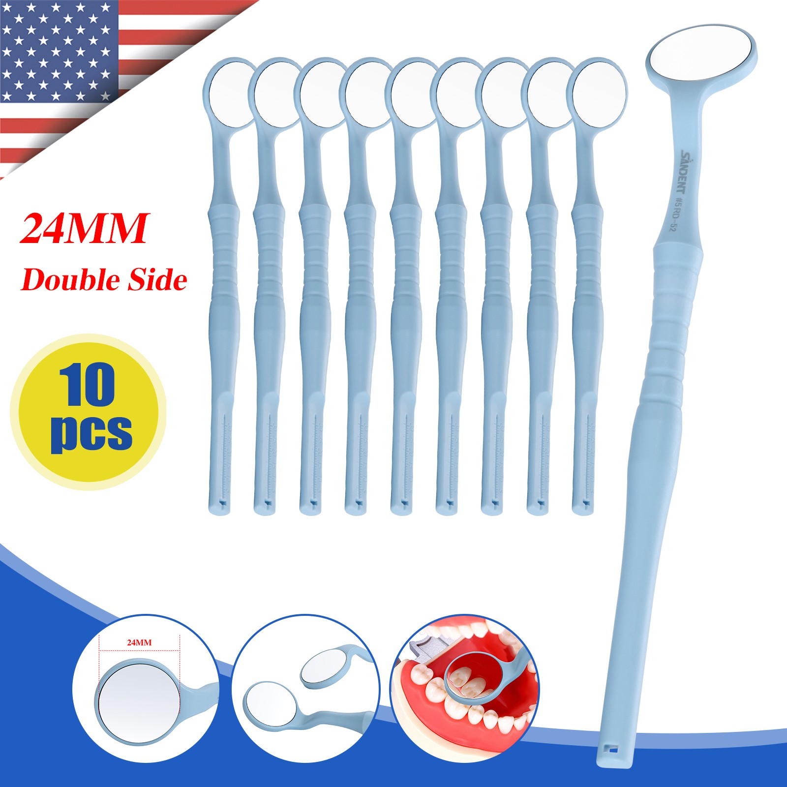 10pcs Dental Mouth Mirror 24mm Blue Handle Double Sided For Oral Examination dk