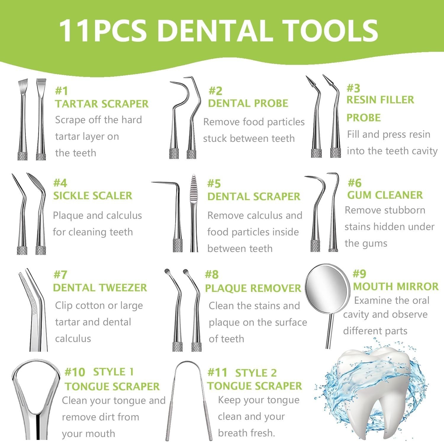 11 Pack Dental Tools Teeth Cleaning Tool Kit, Stainless Steel Tongue Scraper …