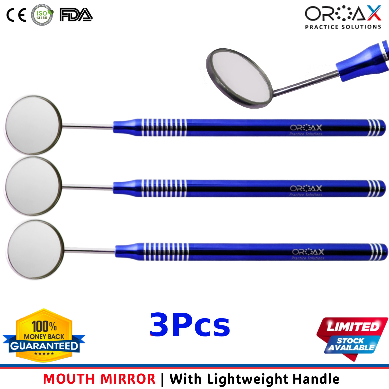 3Pcs OROAX Dental Mouth Mirror Lightweight Blue Handle Examination Set