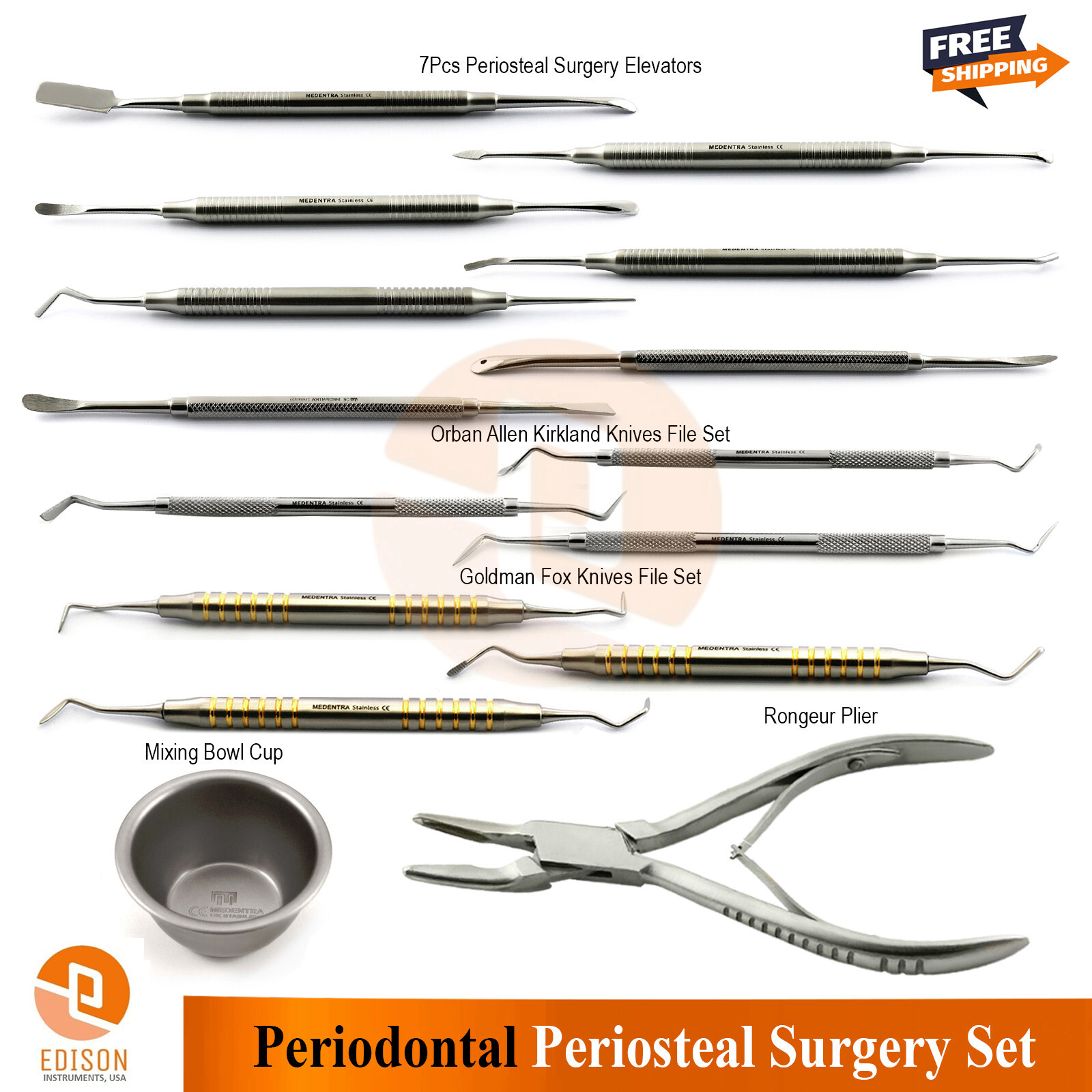 Periodontal Gum Surgery Kit Rongeur Cut Goldman Fox Knives Orban Periosteal Set