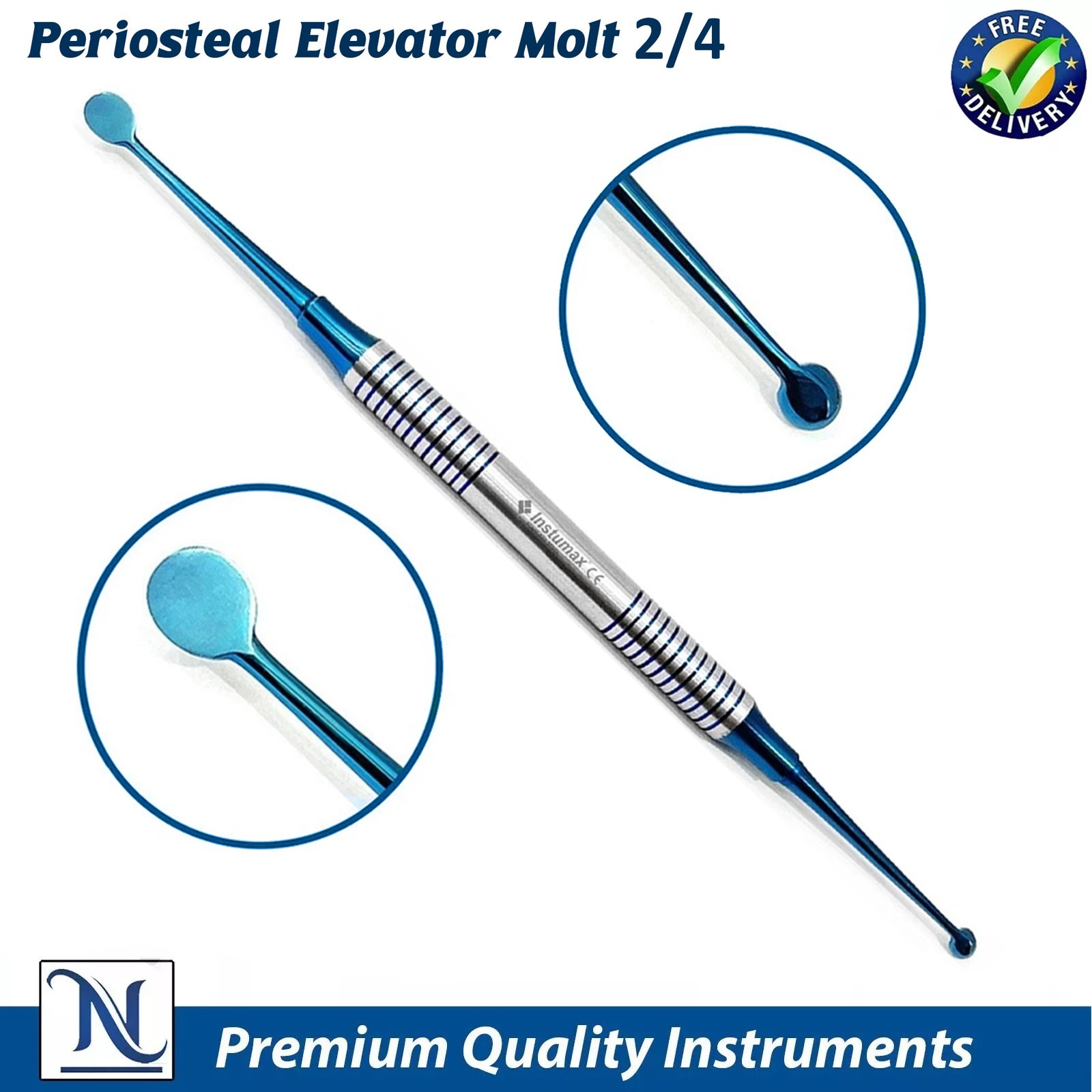 X1 Dental Periosteal Elevator Molt # 4 Blue Titanium Coated Double Ended German