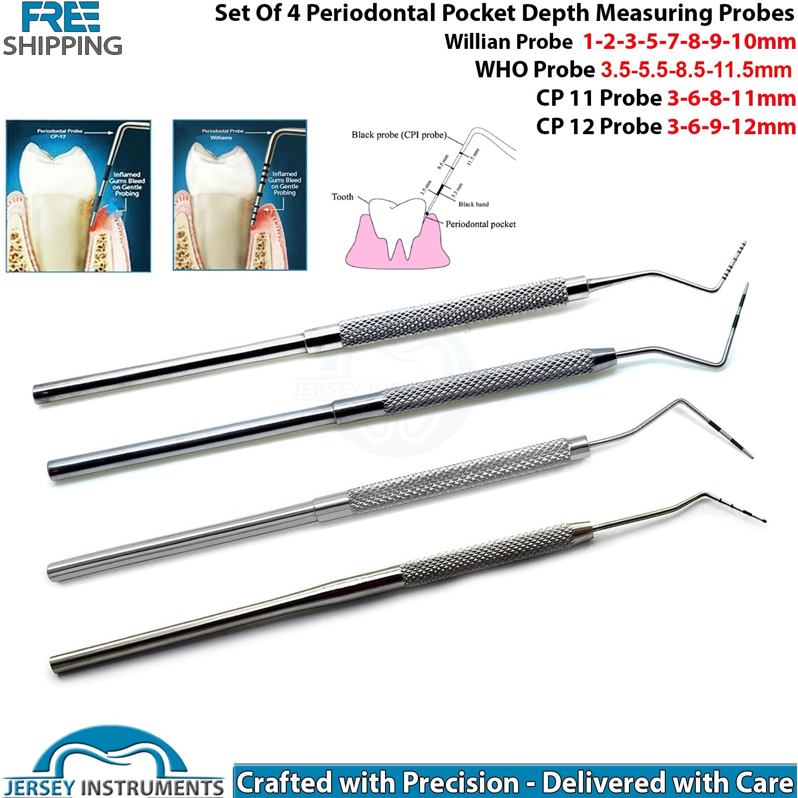 Set of 4 Periodontal Dental Pocket Depth Measuring Probe Williams WHO CP11 CP12