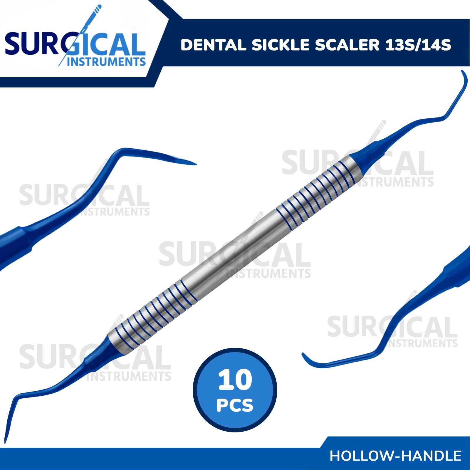 10 Pcs 13S-14S Dental Sickle Scaler Blue Titanium Tips Hollow Handle German Gr