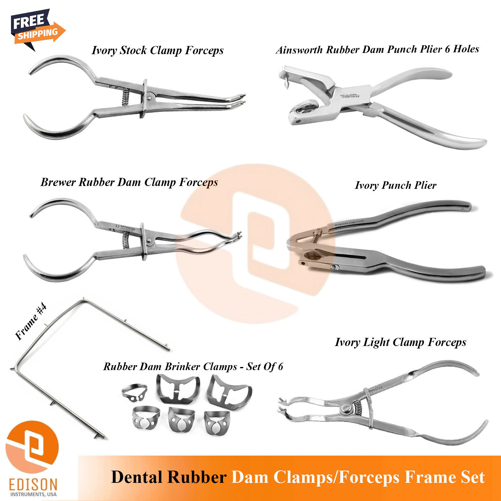 Rubber Dam Clamps Dental Ivory Punch Ainsworth Brewer Forceps Starter Kit