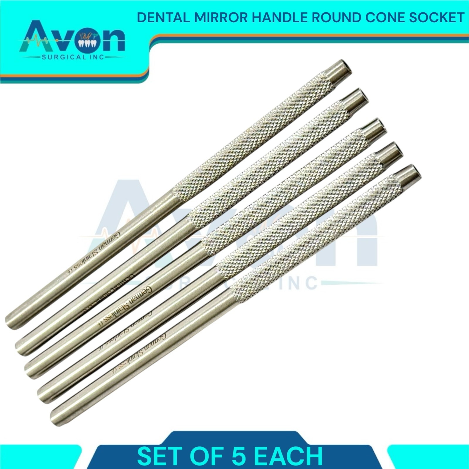 5pc Lot – Knurled Grip Cone Socket Dental Mirror Handles -German Stainless Steel