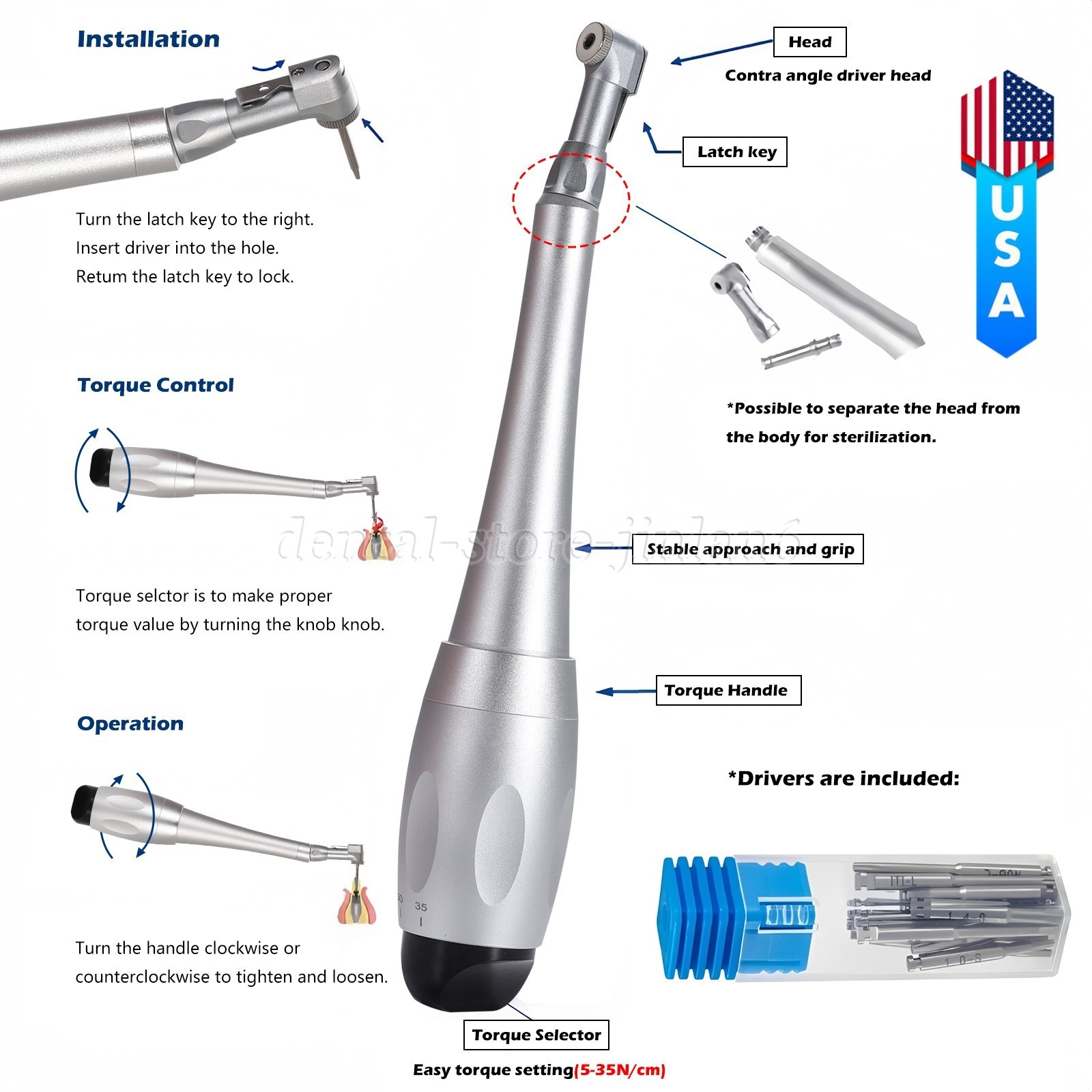 Dental Universal Implant Kit Torque Wrench Contra Angle & 16pcs Drivers Silver