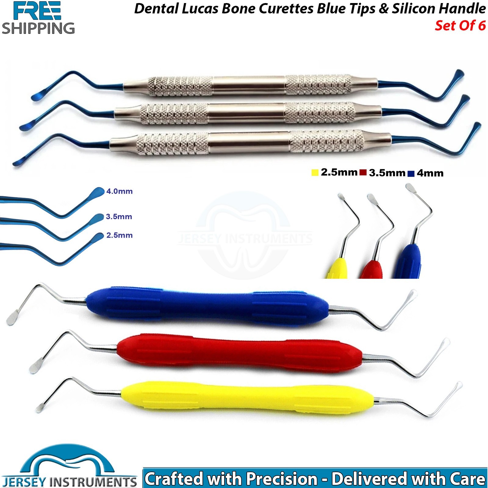Lucas Bone Curettes Set of 6 Silicone Handle Blue Tip Dental Surgical Tools New