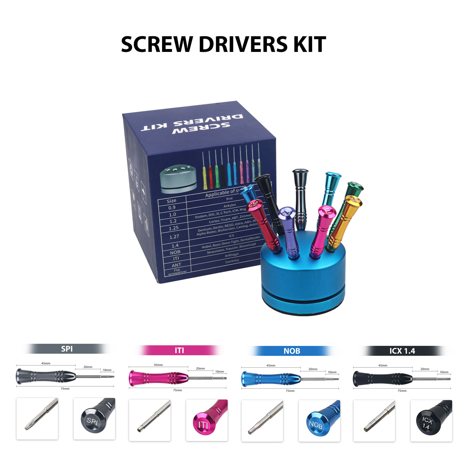 9Pcs/set Dental Stainless Steel Implant Screw Driver Kit with Screwdriver Holder