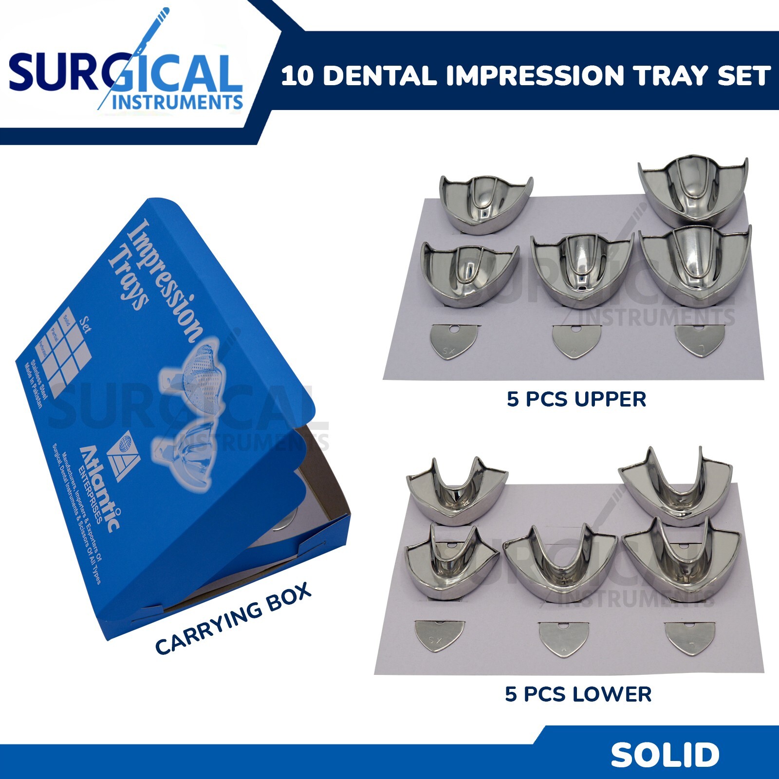 10 Metal Dental Impression Tray set Solid Upper & Lower Denture Instruments NEW