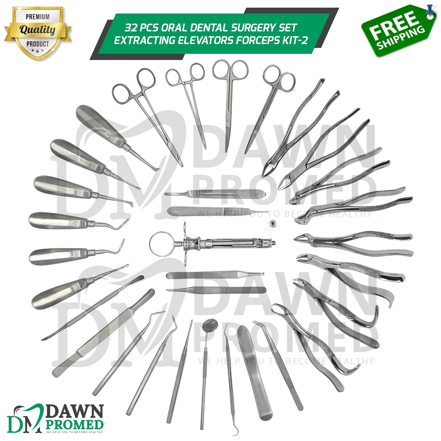 32 Pcs Oral Dental Surgery Inst Set Extracting Elevators Forceps Kit-2 German Gr