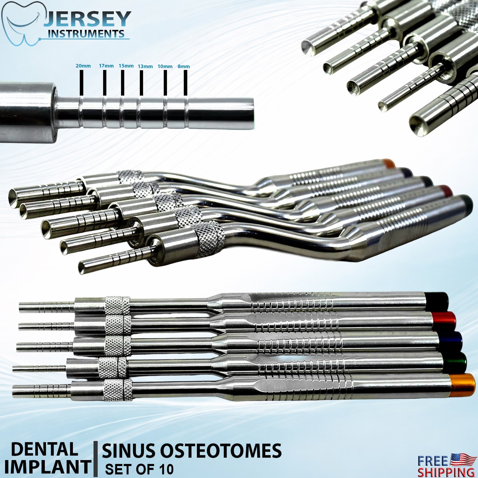 Dental Implant Sinus Lift Osteotomes Set of 10pcs Straight & Curved Instruments