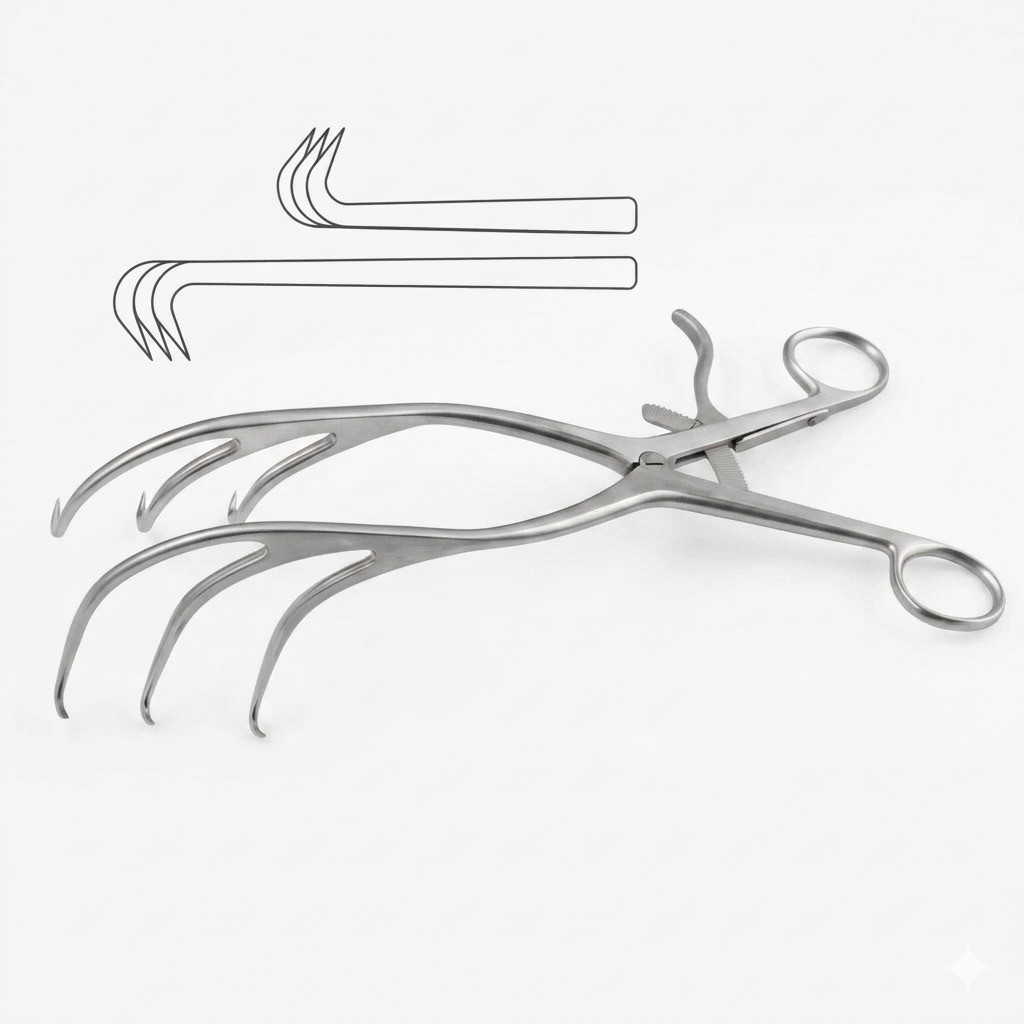 Multi-Level Offset Gelpi Retractor, Left Sharp 3×3 Prongs, 7mm Tip, 10.5″