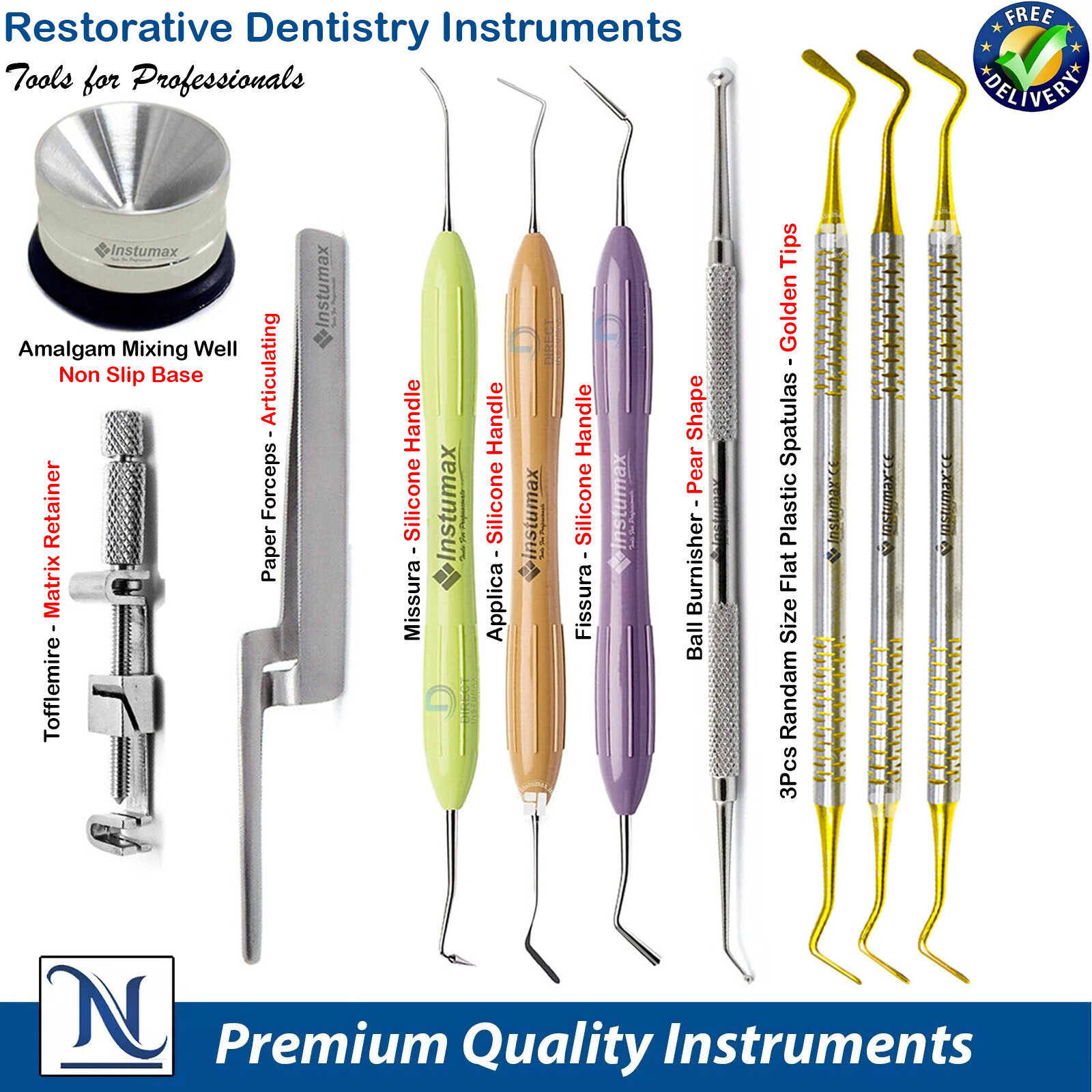 Dental Flat Plastic Composite Filling Instruments Titanium Coated Tips Set of 3