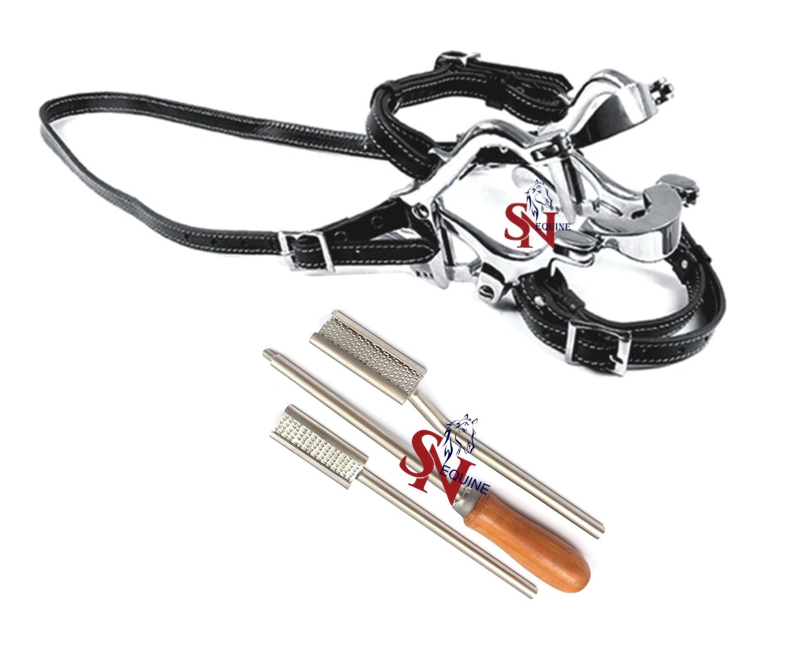 Equine Dental Pony Speculum with wood float & Leather Straps