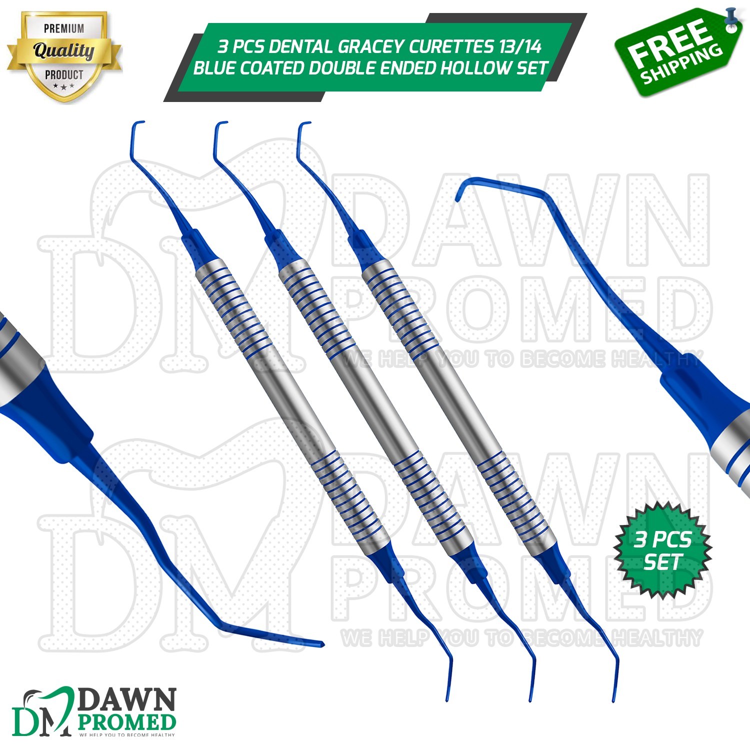 3 Pcs Dental Gracey Curettes 13/14 Blue Coated Double Ended Hollow Handle Set