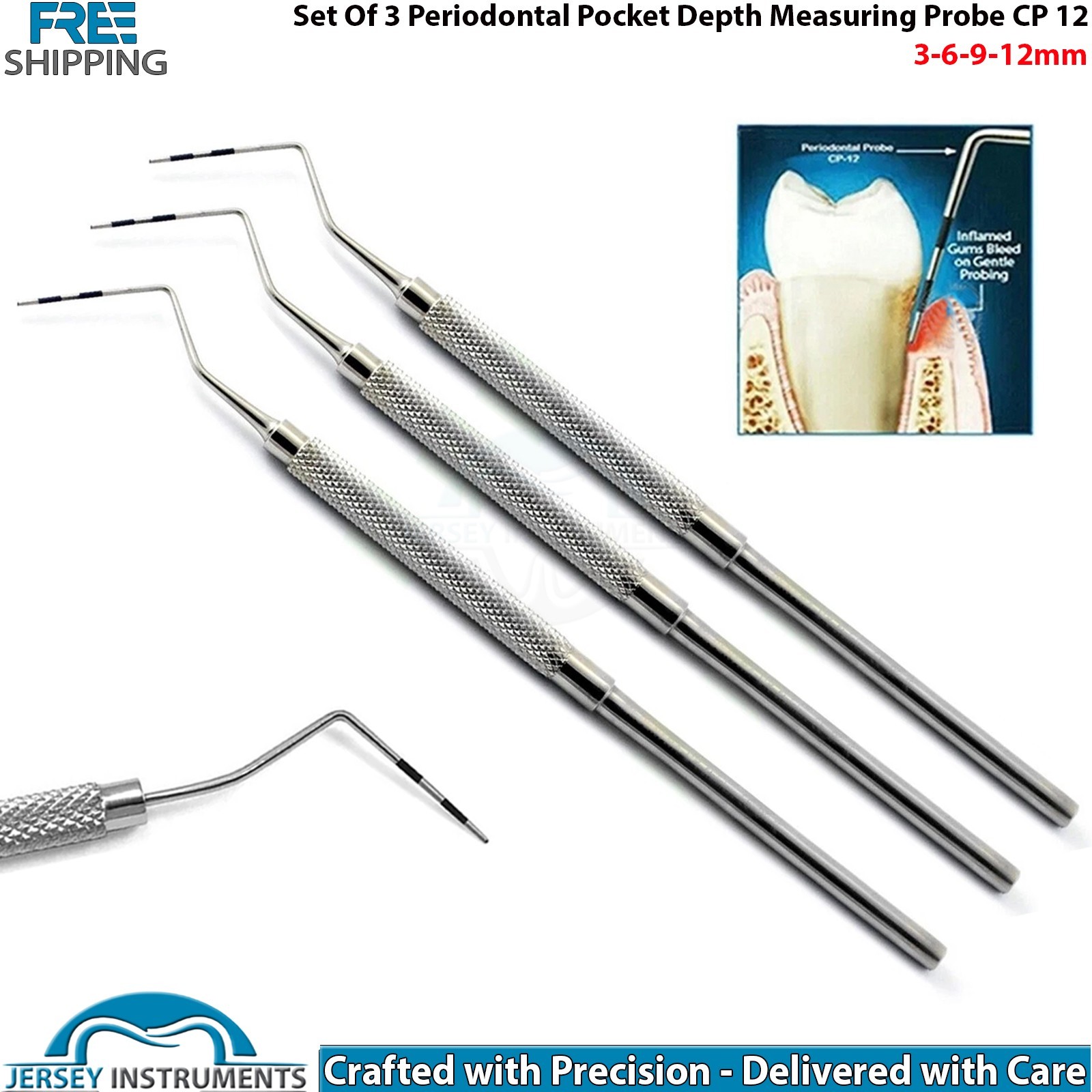 Set of 3 CP12 Periodontal Color Marking Probes 3-6-9-12mm Pocket Depth Measuring