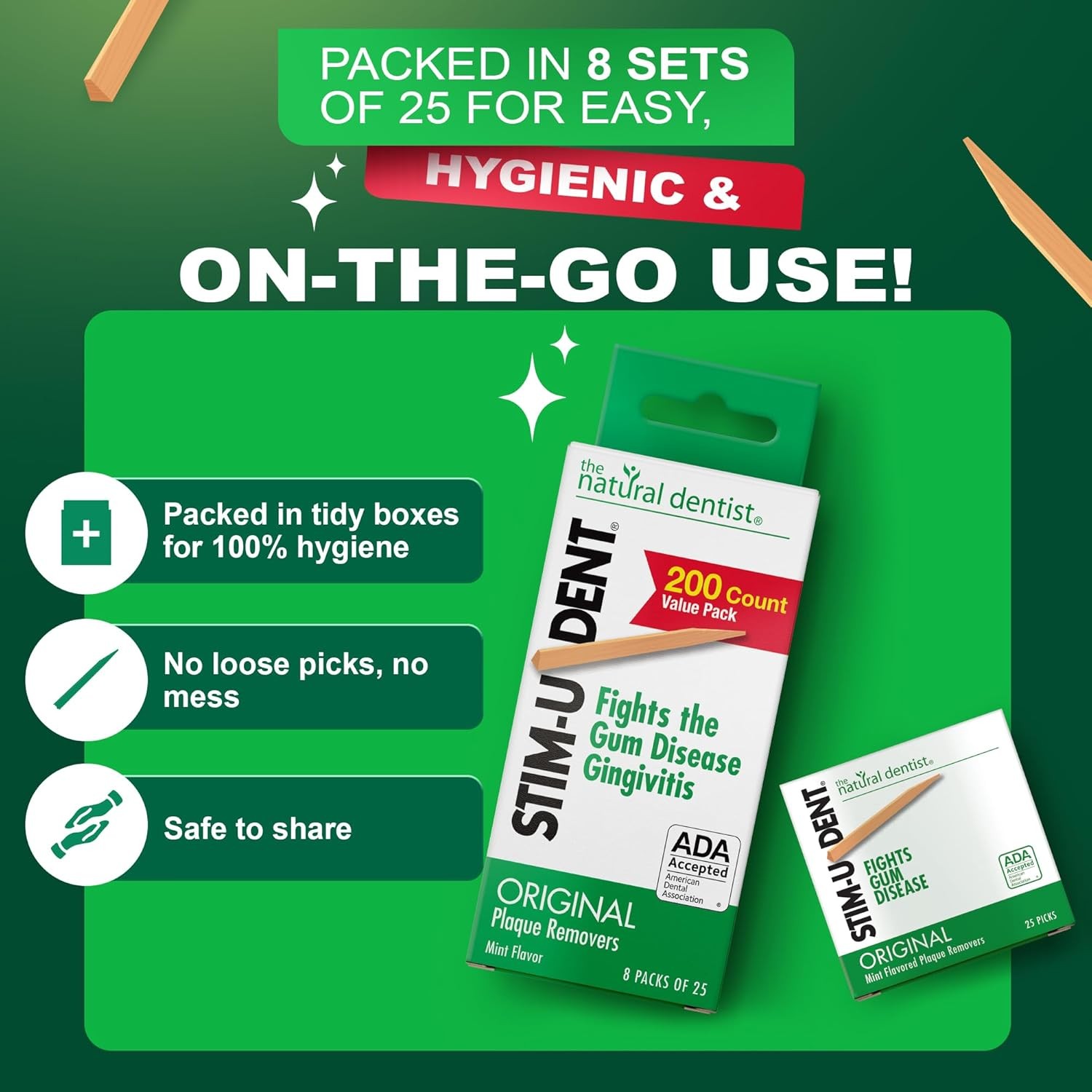 Stim-U-Dent Mint Dental Picks, Wooden Toothpicks for Food & Plaque Removal, Refr