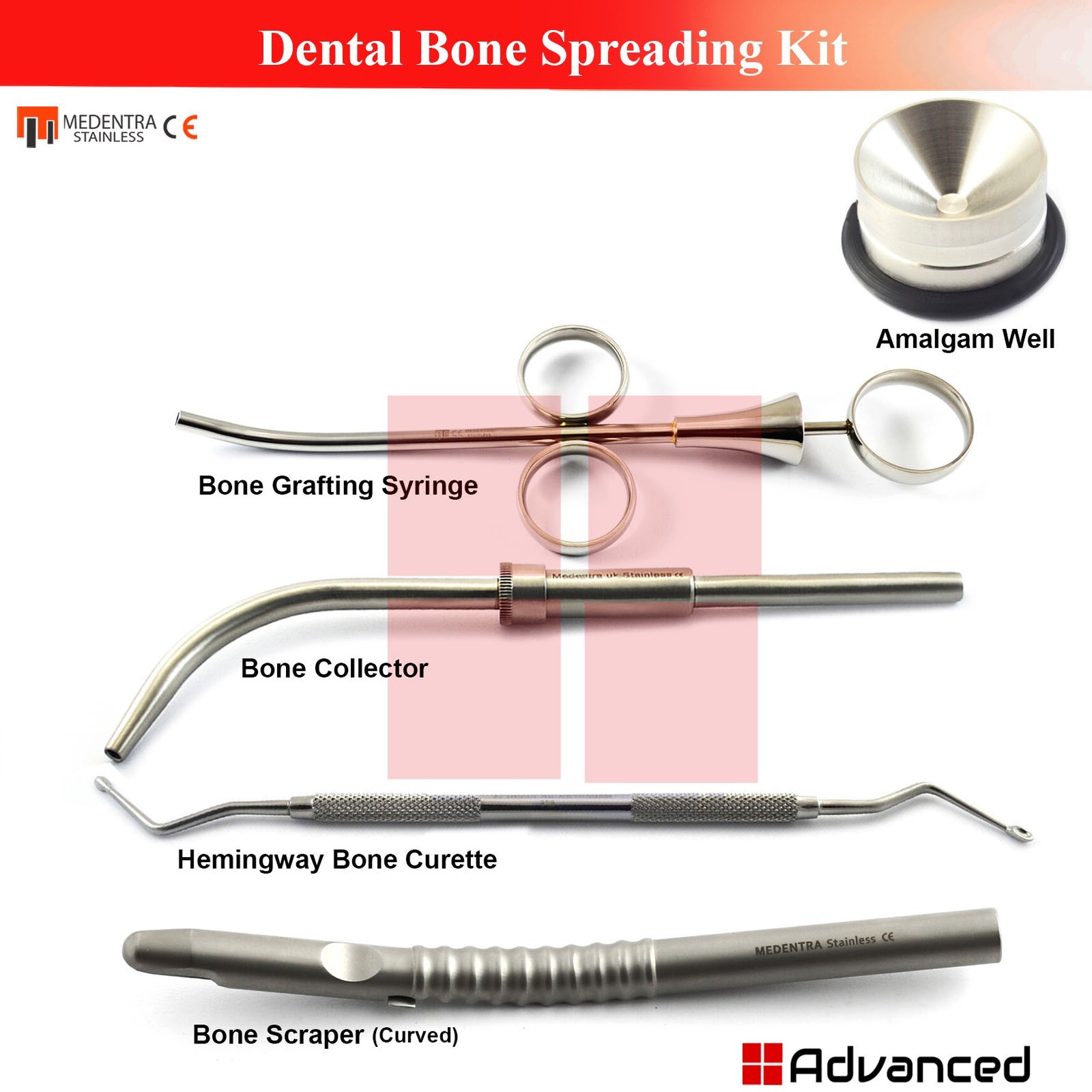 Dental Bone Grafting Kit Bone Collector Syringe Scraper Hemingway Curette Well