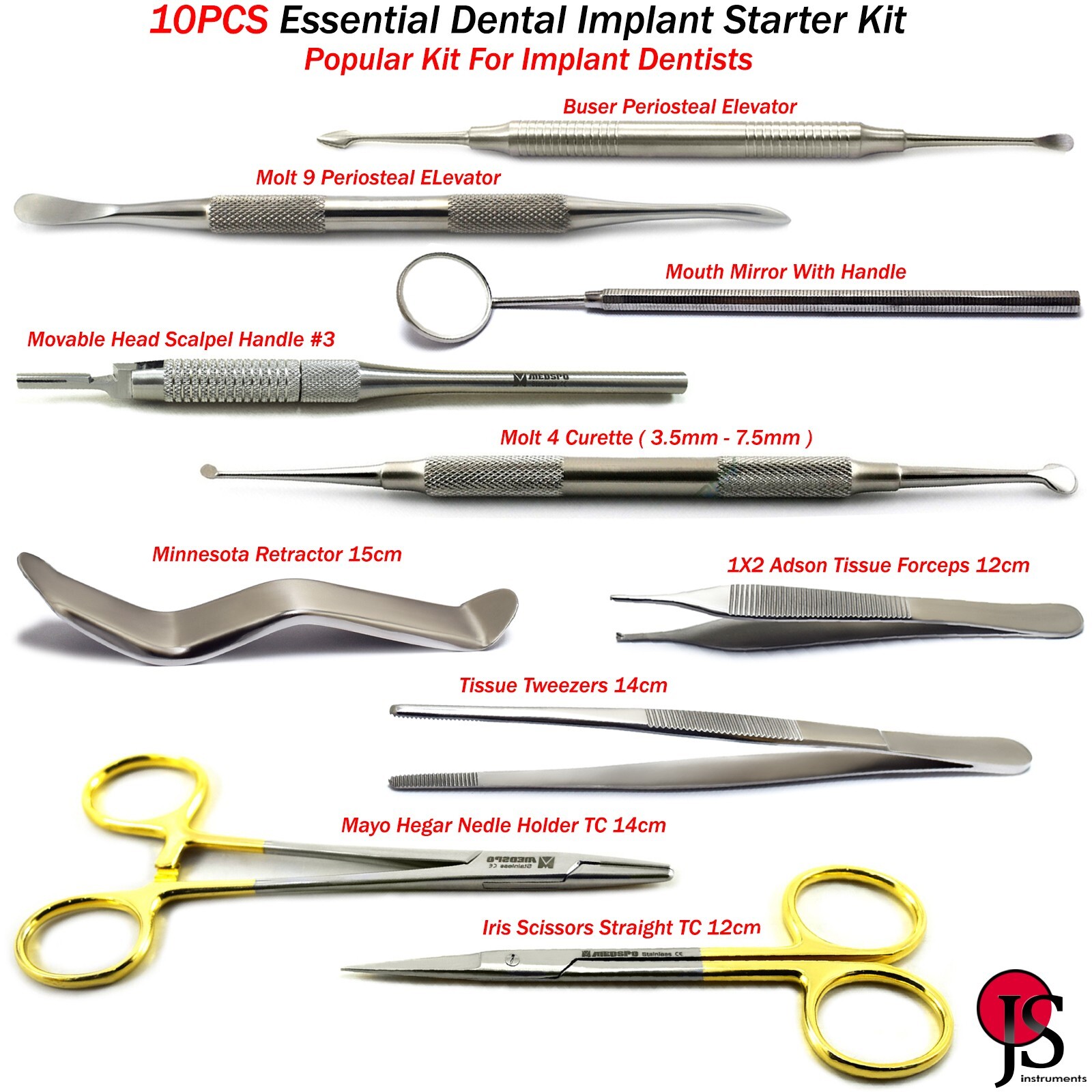 Dental Implant Surgical Kit Dentists Cheek Retractor Needle Holder Curette 10PCS