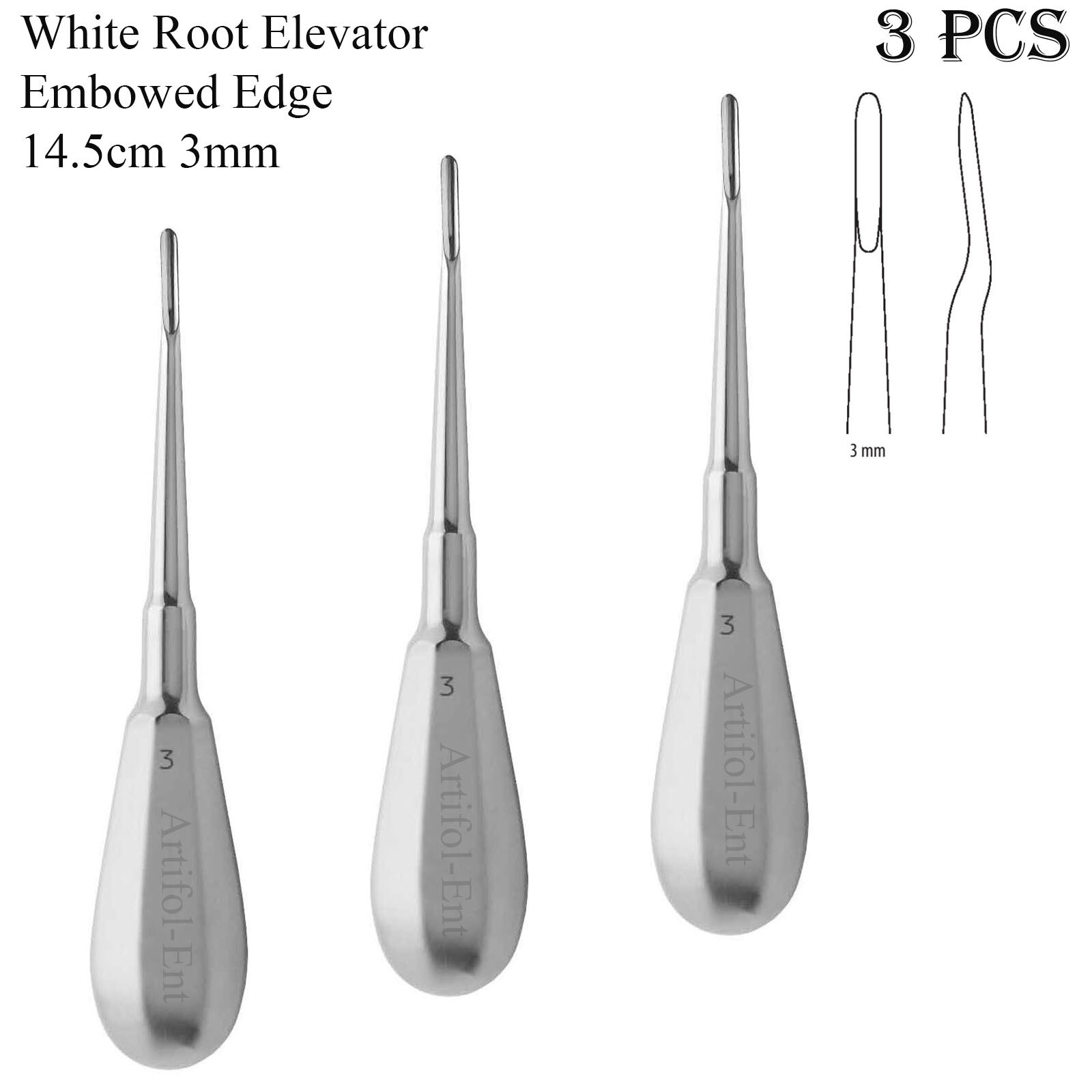 Dental Root Elevator White with Embowed Edge 14.5cm 3mm Tooth Extraction 3 Pcs