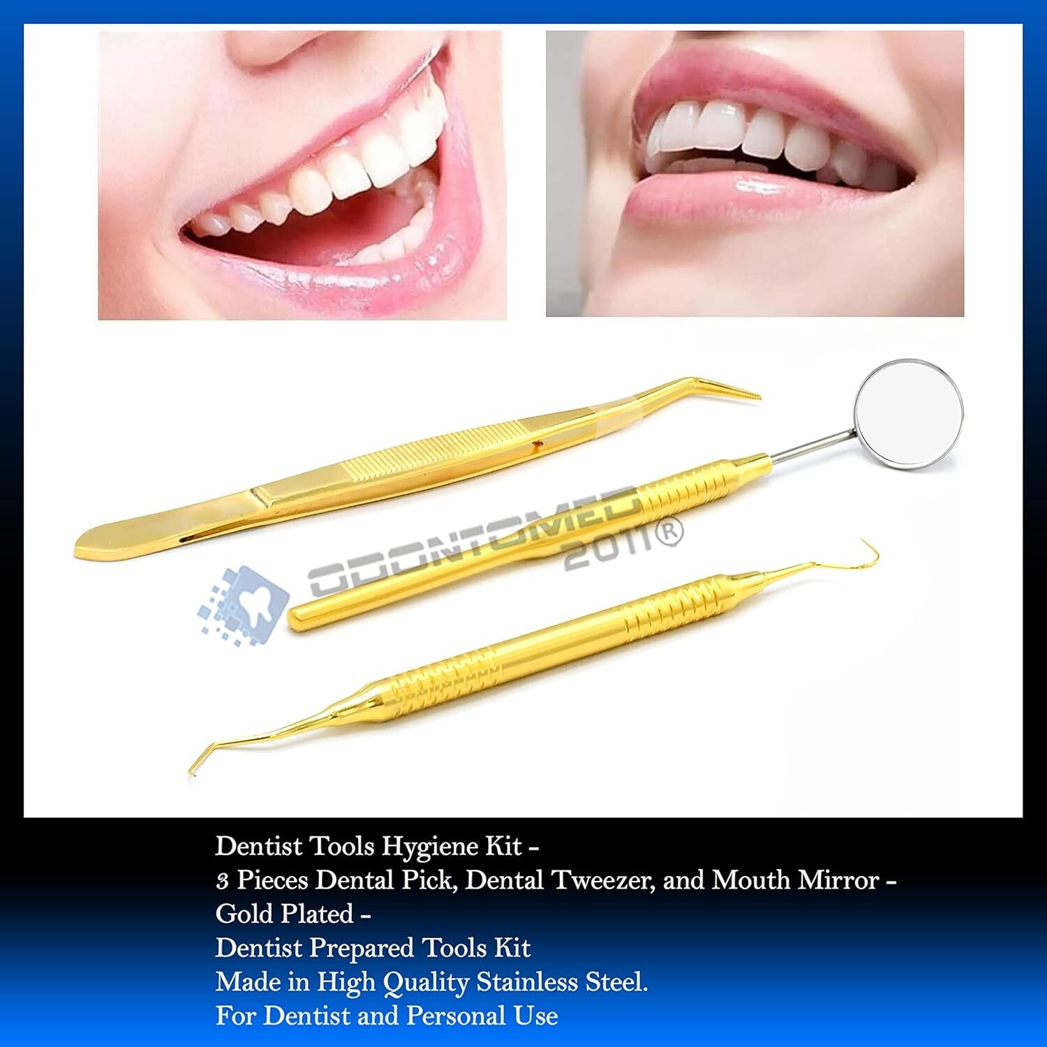 3 Pcs Basic Dental Set Mirror Explorer C. Plier Hollow Handle Gold Plated GLD-03